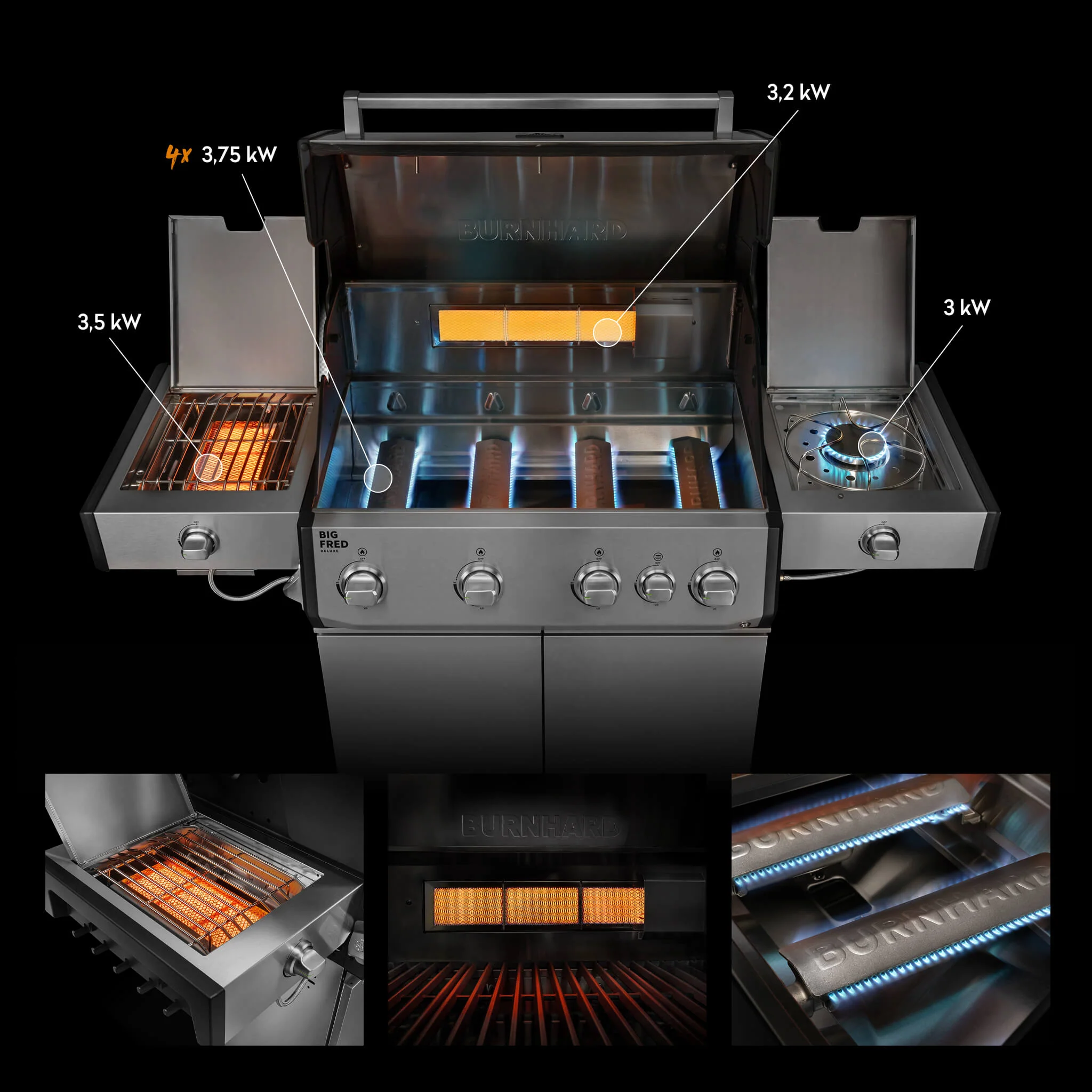 BURNHARD Big FRED Deluxe Plus Gasgrill 4 Brenner Series 4 Edelstahl Grill mit Gusseisen Grillrost Maximale BBQ Power 24,7 kW Premium Ausstattung von BURNHARD