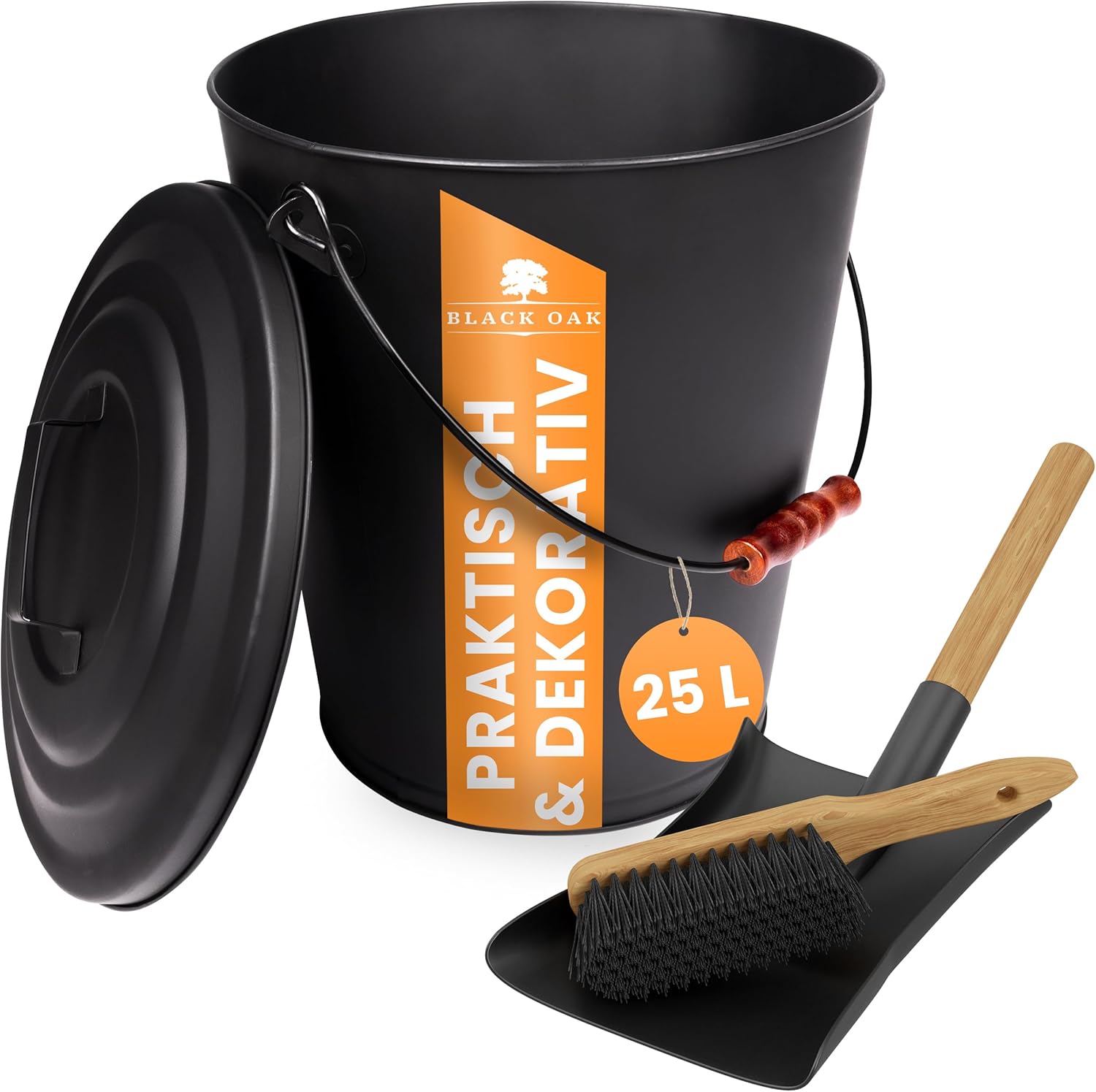 BLACK OAK Asche & Kohle Eimer SANTORINI 25 Liter mit Schaufel & Handfeger von BLACK OAK