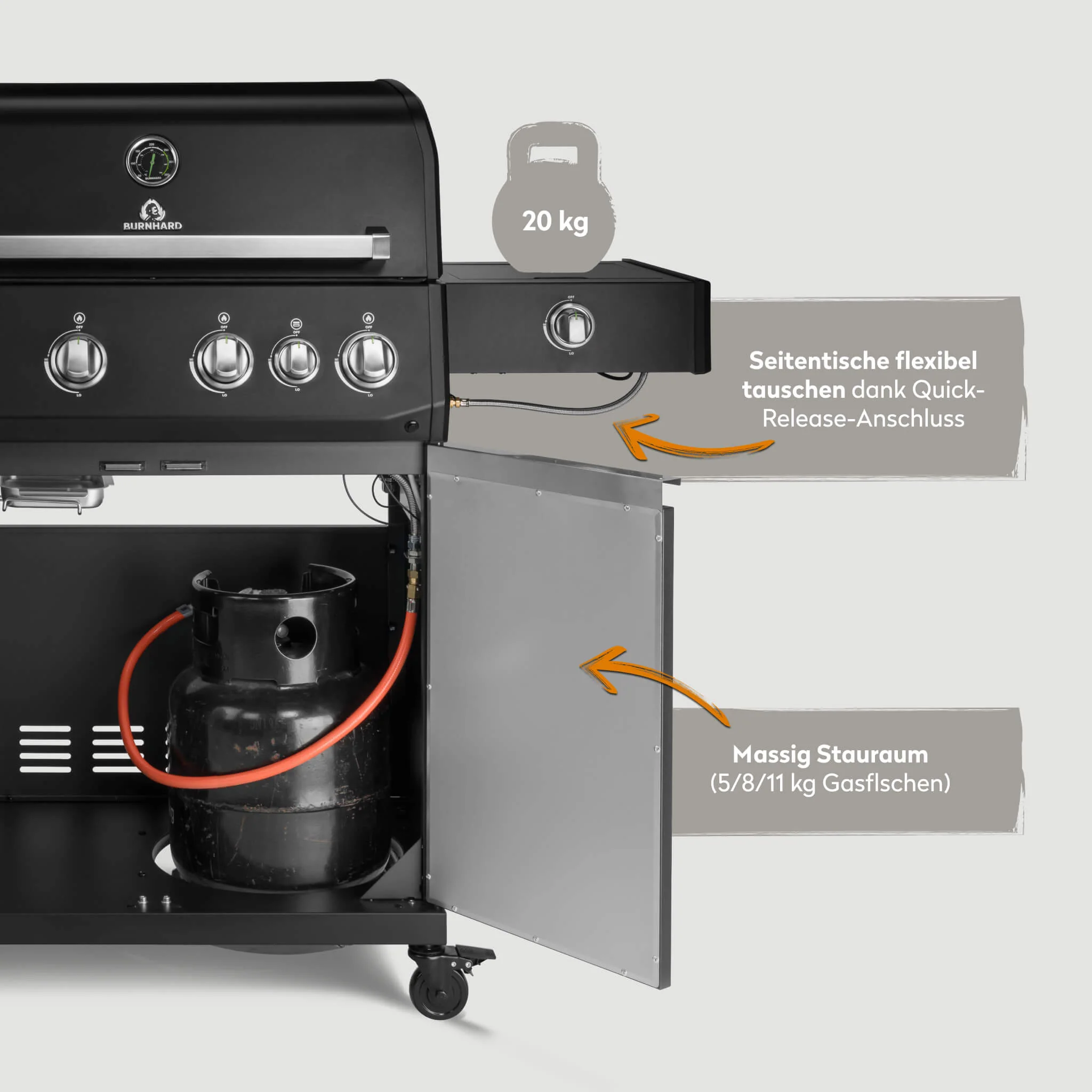 BURNHARD Big FRED Deluxe Gasgrill 4 Brenner Series 4 Black Edition mit Gusseisen Grillrost Maximale BBQ Power 21,2 kW Premium Ausstattung von BURNHARD