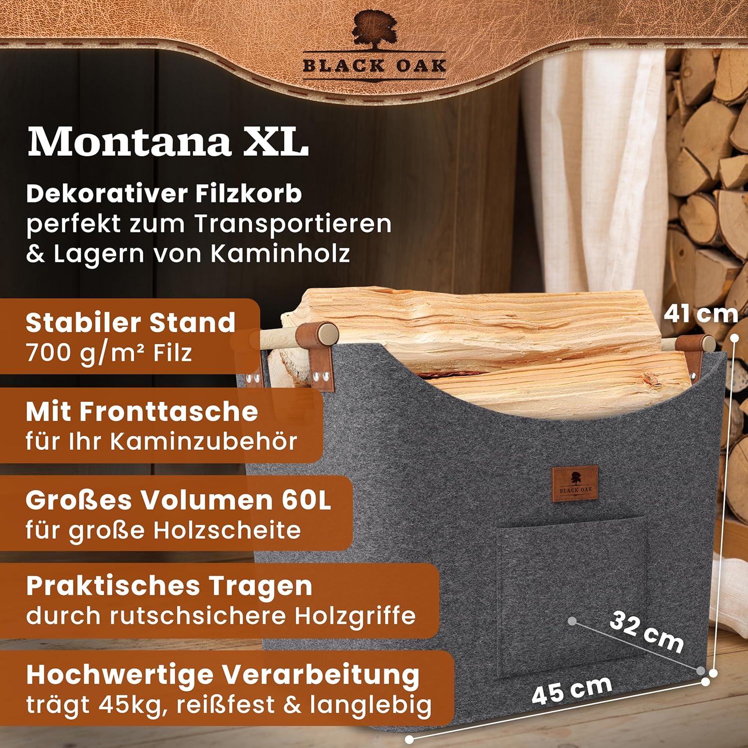 BLACK OAK Montana XL 60L Holzkorb aus Filz grau von BLACK OAK