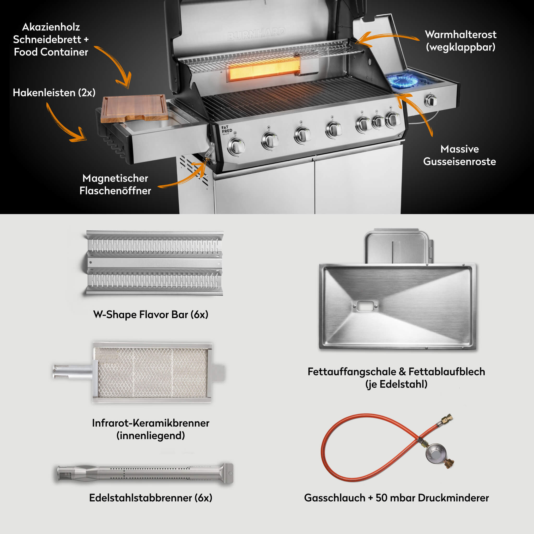 BURNHARD Fat FRED Deluxe Gasgrill 6 Brenner Series 4 Edelstahl Grill mit Gusseisen Grillrost Maximale BBQ Power 27,2 kW XXL Grillfläche von BURNHARD