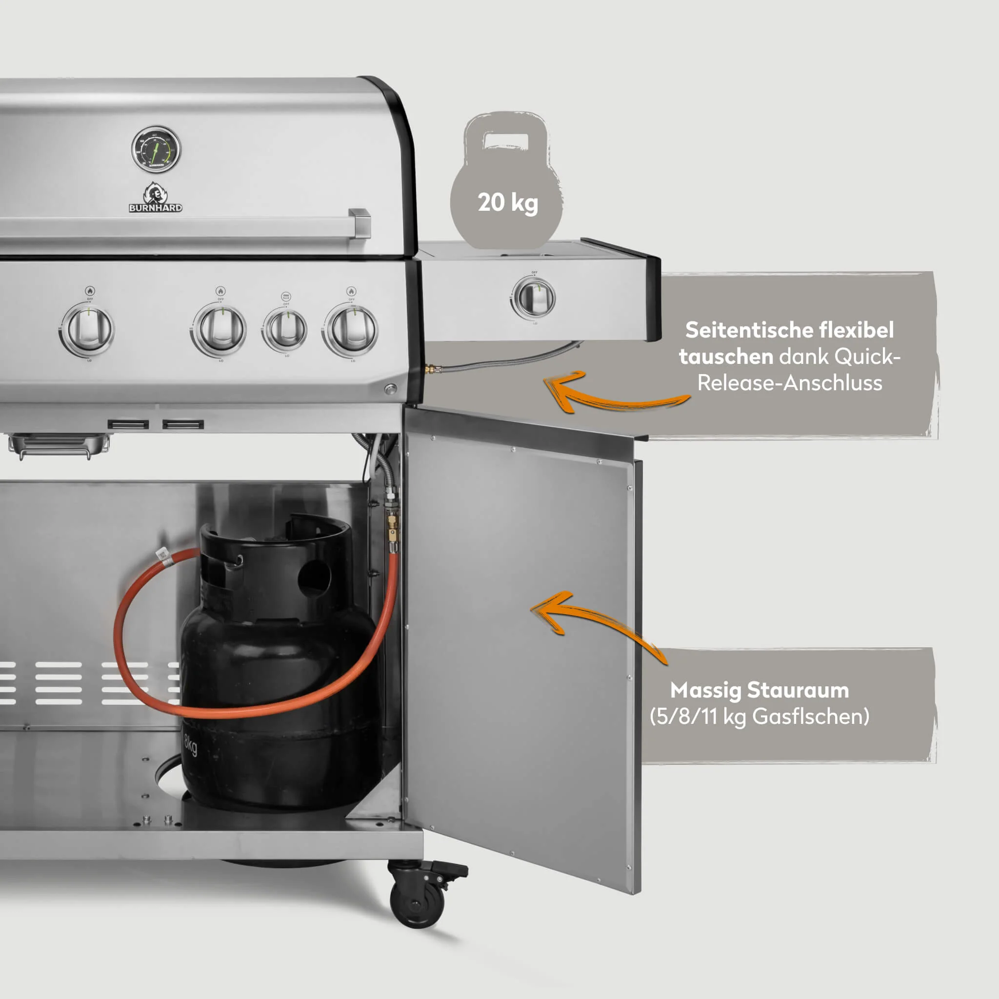 BURNHARD Big FRED Deluxe Gasgrill 4 Brenner Series 4 Edelstahl Grill mit Gusseisen Grillrost Maximale BBQ Power 21,2 kW Premium Ausstattung von BURNHARD