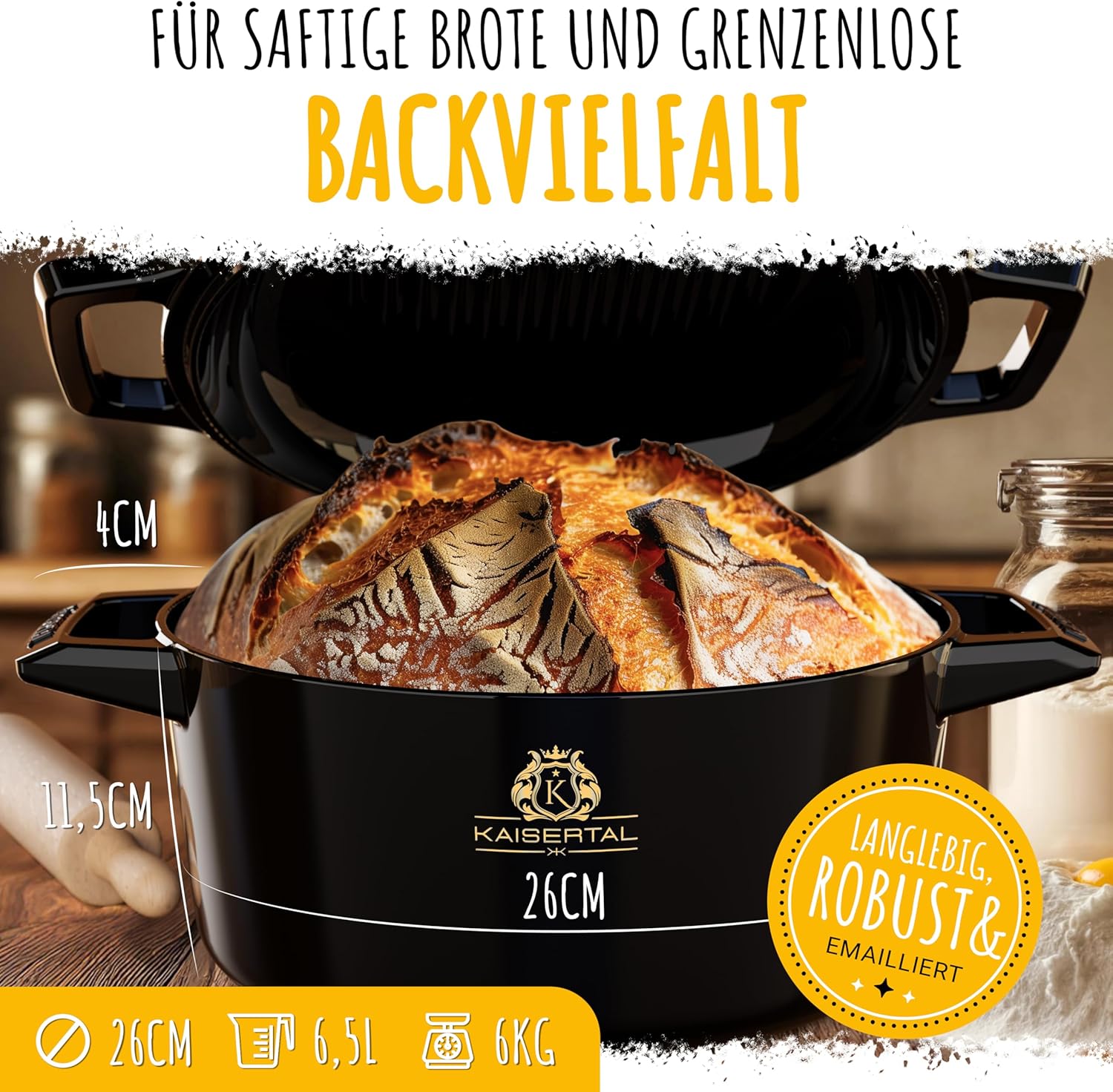 KAISERTAL Emailliert Gusseisen Brotbackform mit Deckel 26cm - inkl. Gärkorb von KAISERTAL