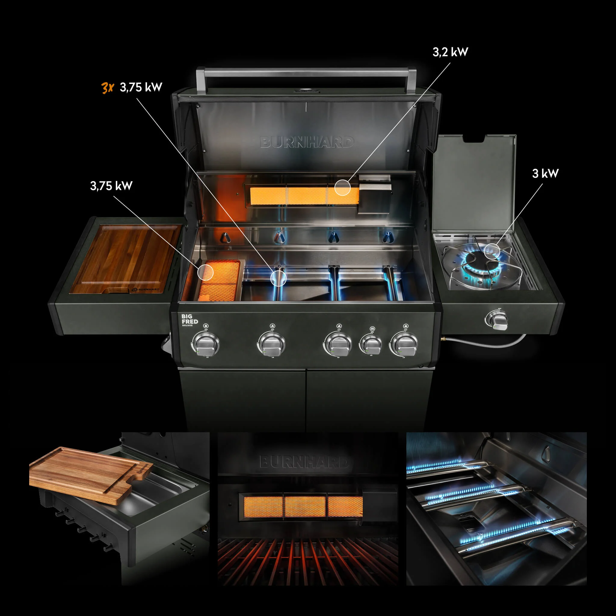BURNHARD Big FRED Deluxe Gasgrill 4 Brenner Series 4 Green Edition mit Gusseisen Grillrost Maximale BBQ Power 21,2 kW Premium Ausstattung von BURNHARD