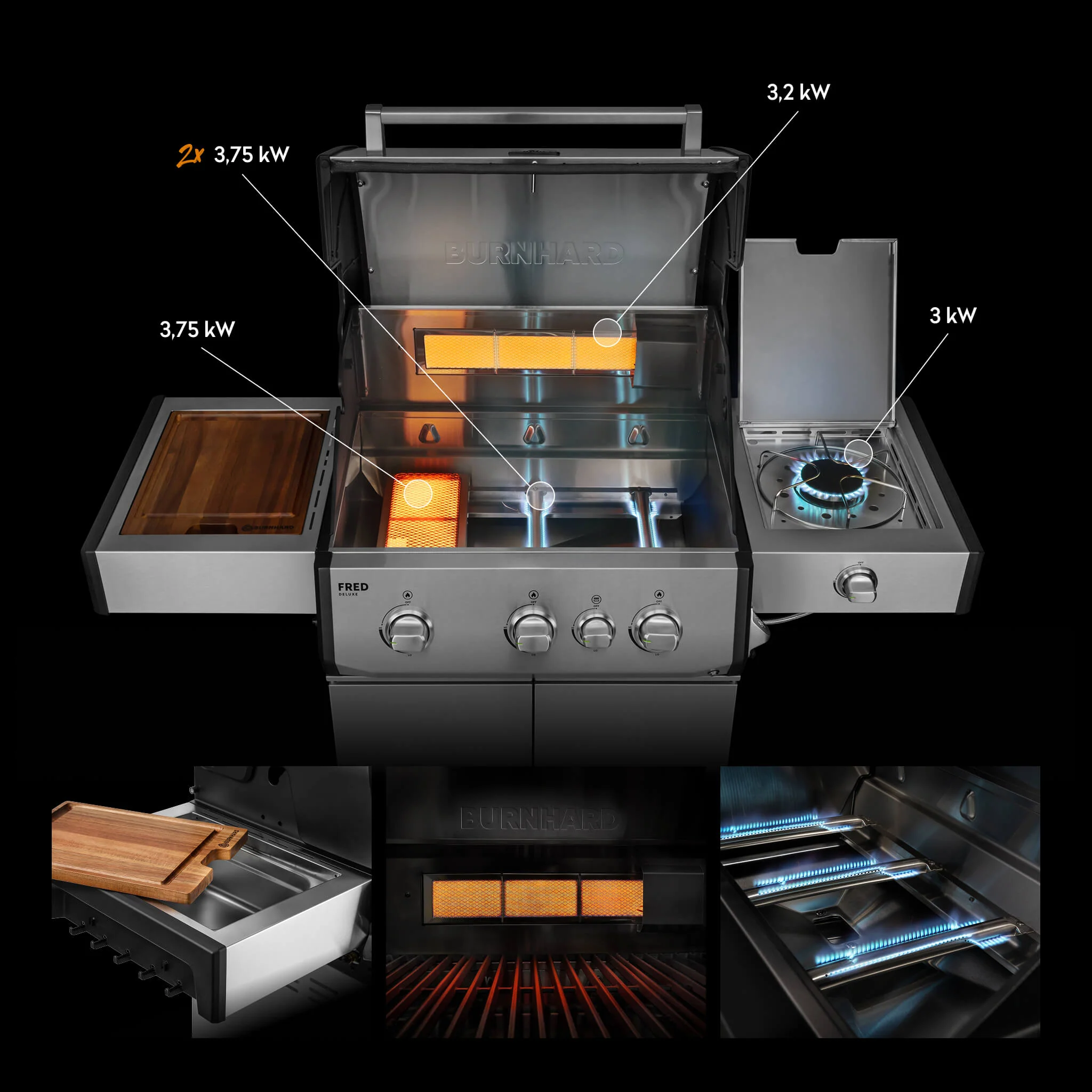 BURNHARD FRED Deluxe Gasgrill 3 Brenner Series 4 Edelstahl Grill Maximale BBQ Power langlebig hochwertig von BURNHARD