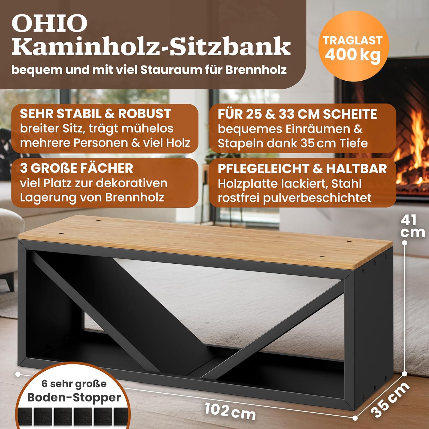 BLACK OAK Kaminholzbank Ohio schwarz matt bis 400kg - 102 × 41 × 35 cm von BLACK OAK