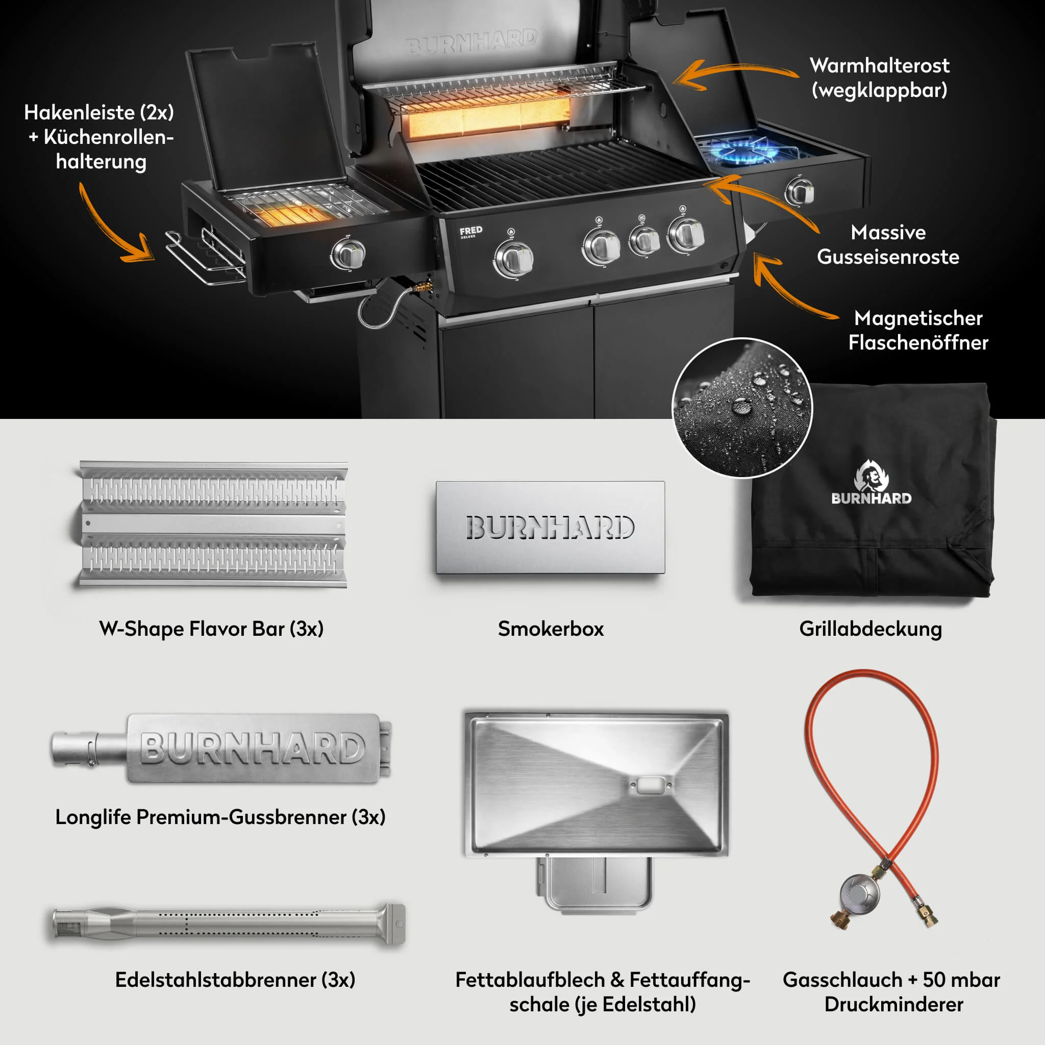 BURNHARD FRED Deluxe Plus Gasgrill 3 Brenner Series 4 Black Edition Maximale BBQ Power 20,95 kW Premium Ausstattung von BURNHARD
