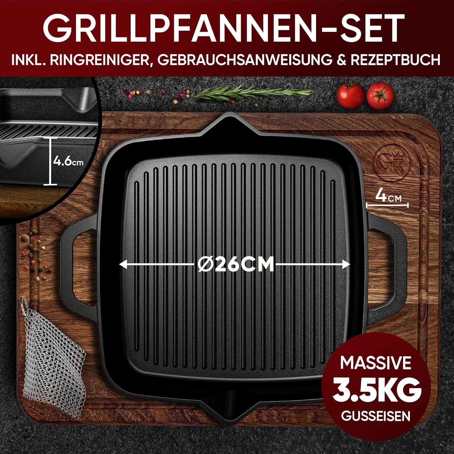 GUSSKÖNIG 26cm quadratische Gusseisenpfanne Pfanne Gusseisen - Grillpfanne Induktion von GUSSKÖNIG