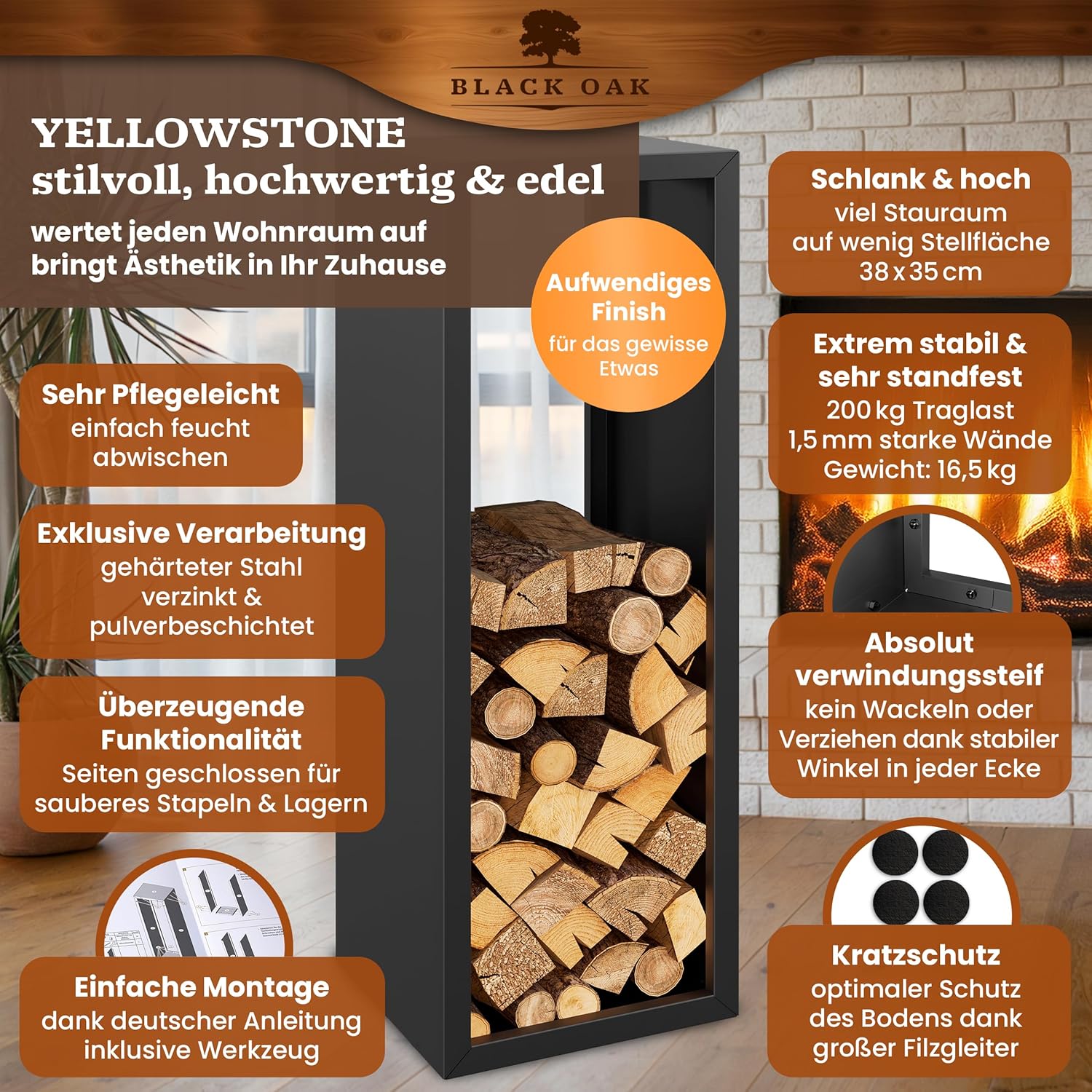 BLACK OAK Kaminholzregal Yellowstone schwarz matt bis 200kg - 113 × 38 × 35 cm von BLACK OAK