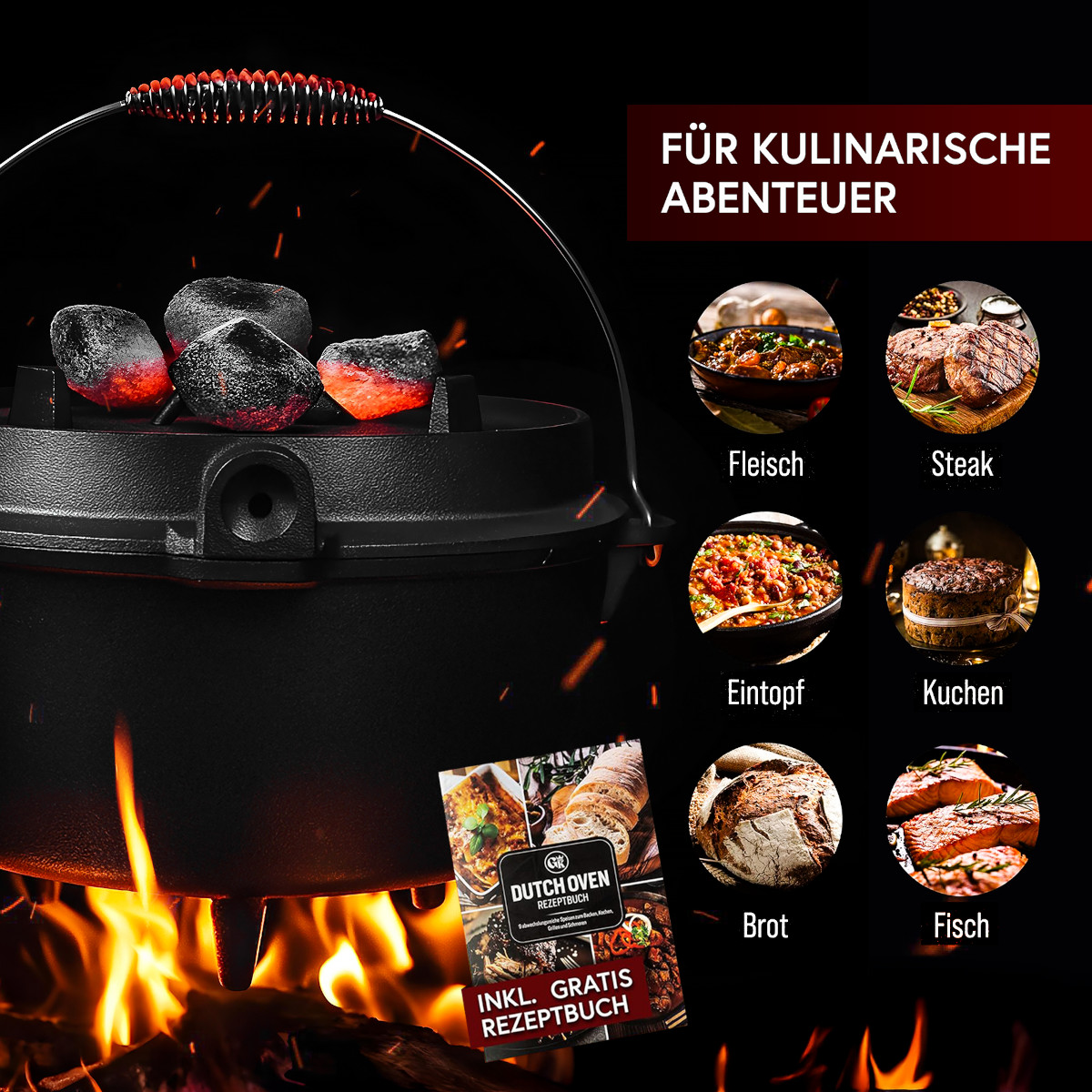 GUSSKÖNIG 4,5 Liter Dutch Oven Set mit Füßen | Eingebrannter Feuertopf | 2in1 Deckelheber | Bürste von GUSSKÖNIG