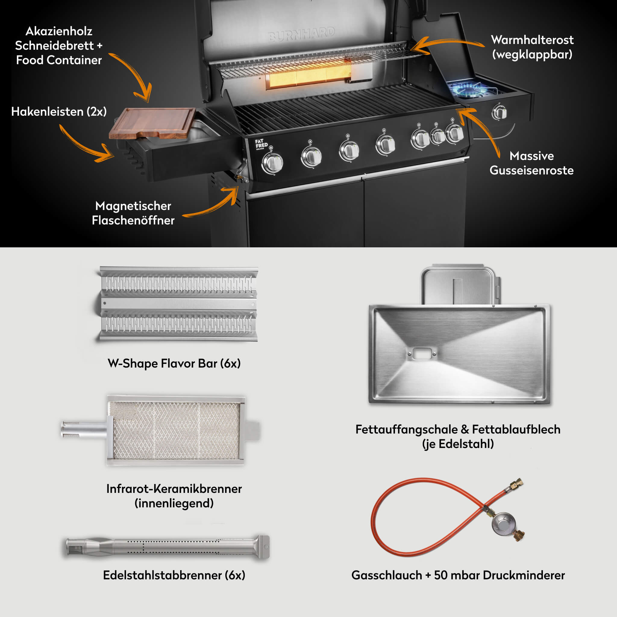 BURNHARD Fat FRED Deluxe Gasgrill 6 Brenner Series 4 Black Edition mit Gusseisen Grillrost Maximale BBQ Power 27,2 kW XXL Grillfläche von BURNHARD