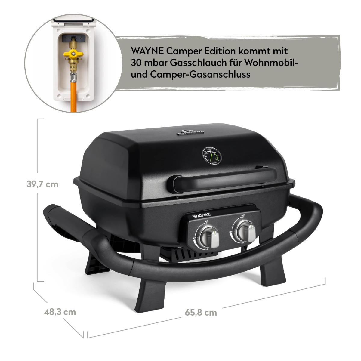 BURNHARD WAYNE 30 mbar Gasgrill 2-Brenner Camper Edition für Gas-Außensteckdose von BURNHARD