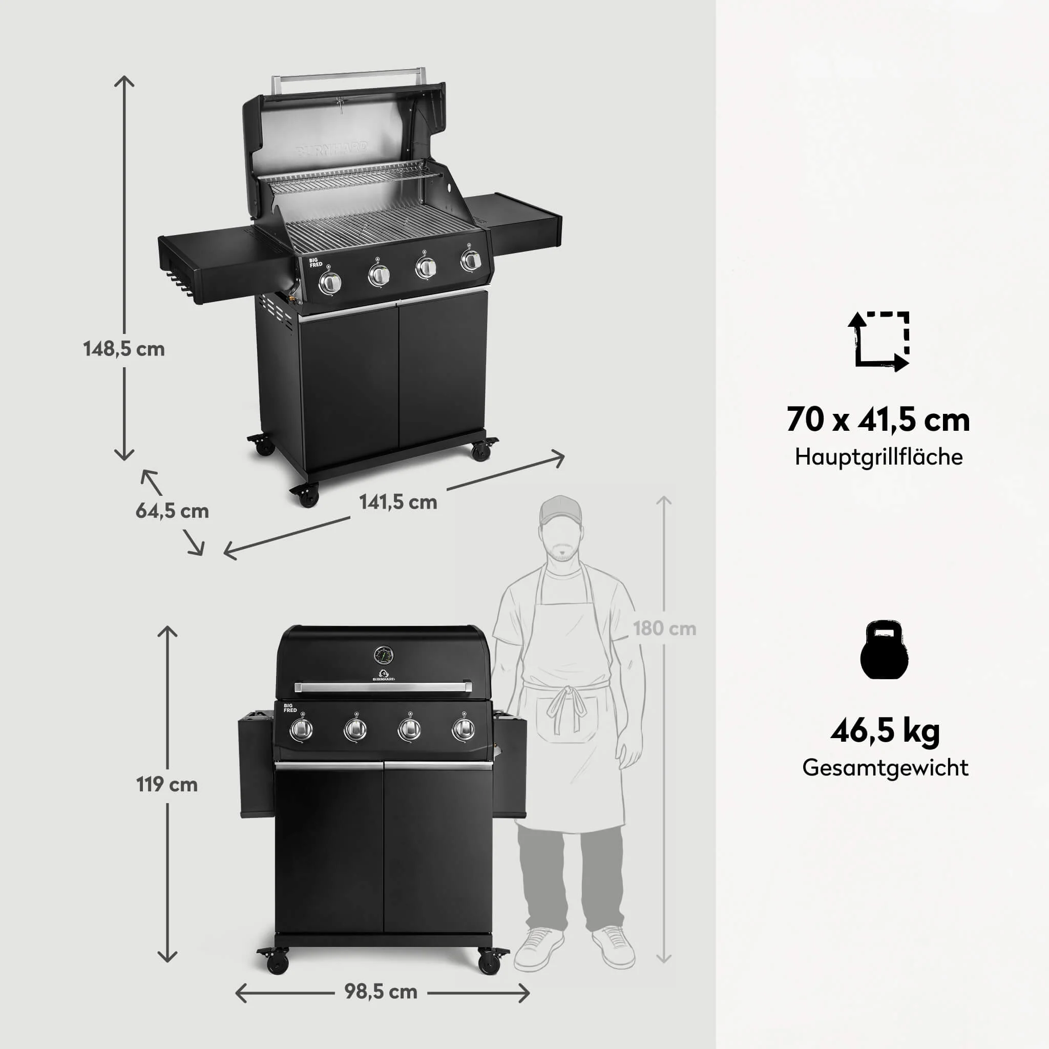 BURNHARD Big FRED Base Gasgrill 4 Brenner Series 4 Black Edition mit Edelstahl Grillrost Große Grillfläche starke Leistung 15 kW von BURNHARD
