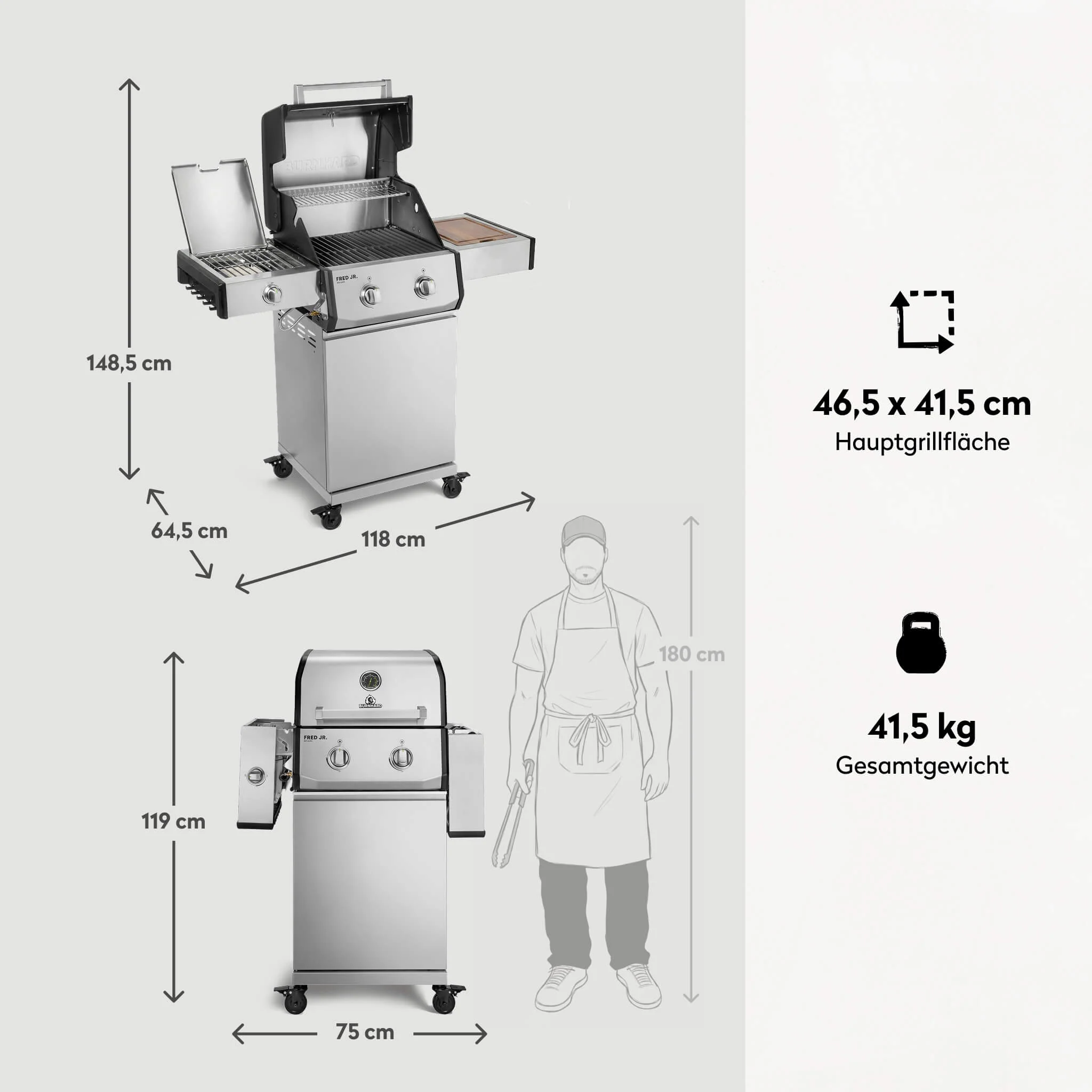BURNHARD FRED Jr. Deluxe Series 4 Edelstahl Edition Gasgrill 2 Brenner Kompakt kraftvoll langlebig von BURNHARD
