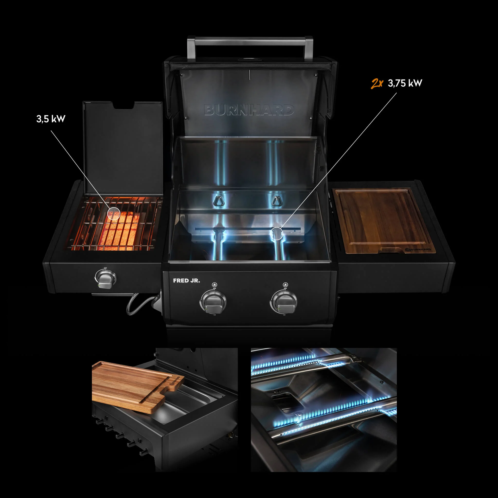 BURNHARD FRED Jr. Deluxe Series 4 Black Edition Gasgrill 2 Brenner Kompakt kraftvoll stilvoll von BURNHARD