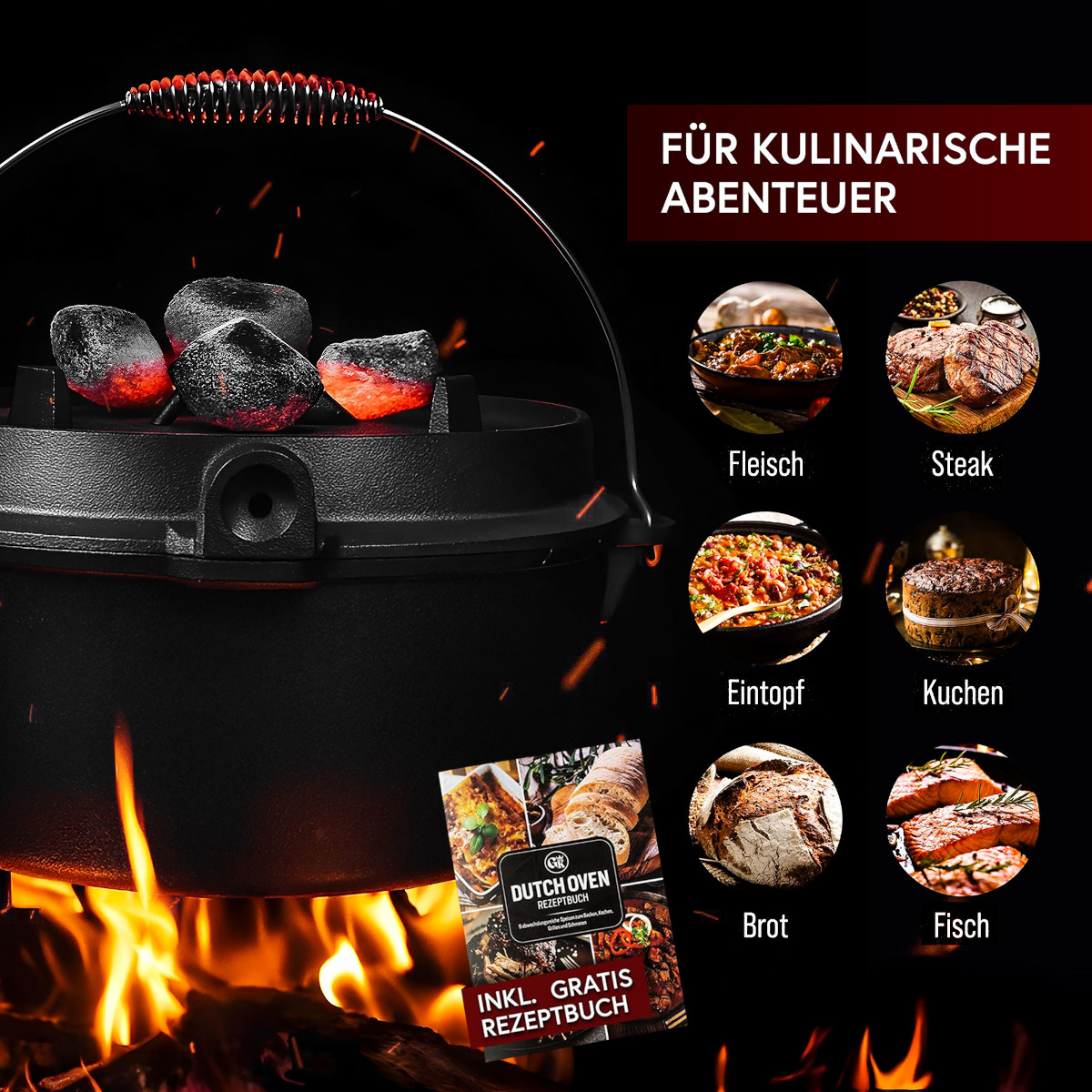 GUSSKÖNIG 7 Liter Dutch Oven Set ohne Füße mit 2in1 Deckelheber von GUSSKÖNIG