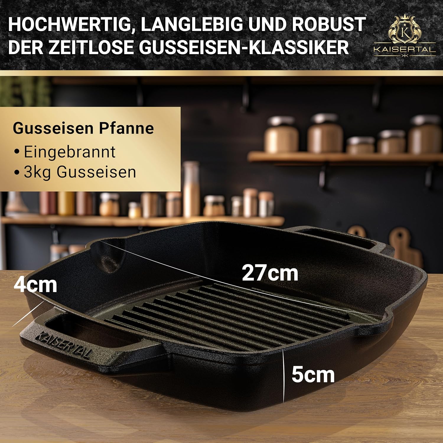 KAISERTAL Emaillierte Gusseisen Grillpfanne  26 cm - Quadratisch mit Doppelgriff von KAISERTAL