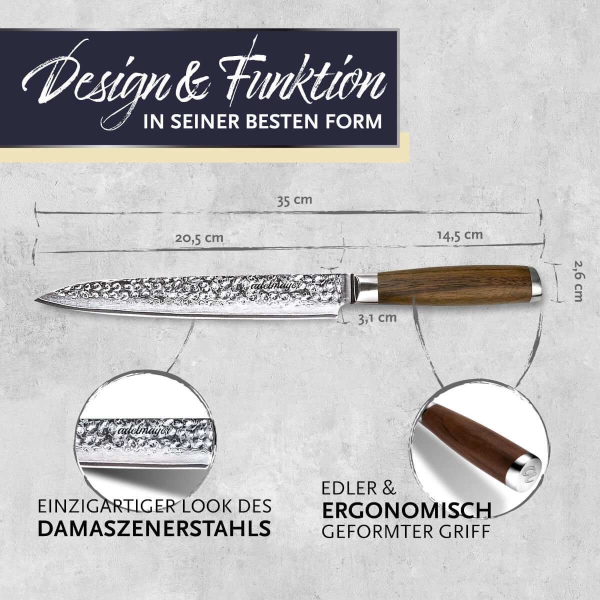 adelmayer Damastmesser Filetiermesser | 20,5 cm handgeschliffen | mit Walnussgriff