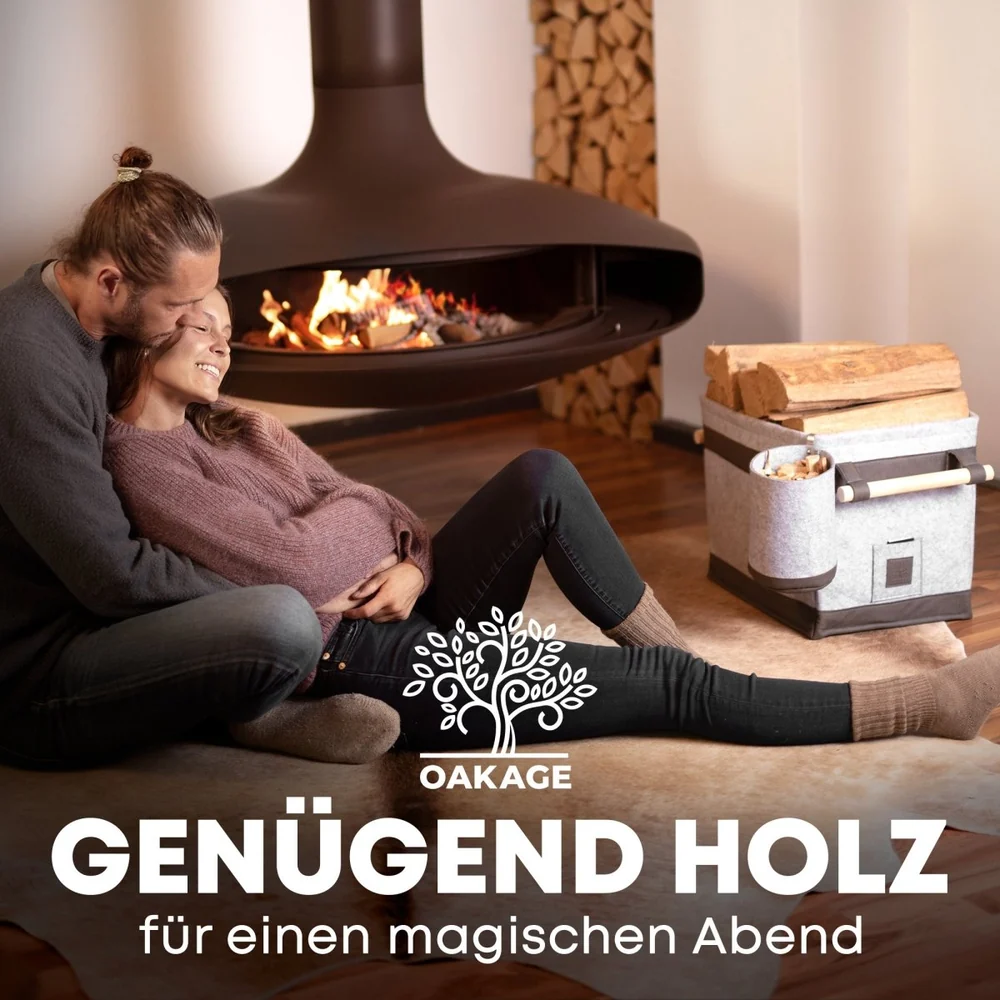 OAKAGE FireMaster Duo Holzkorb Hellgrau mit Zündholzkorb aus recyceltem Filz - 35x42x35cm