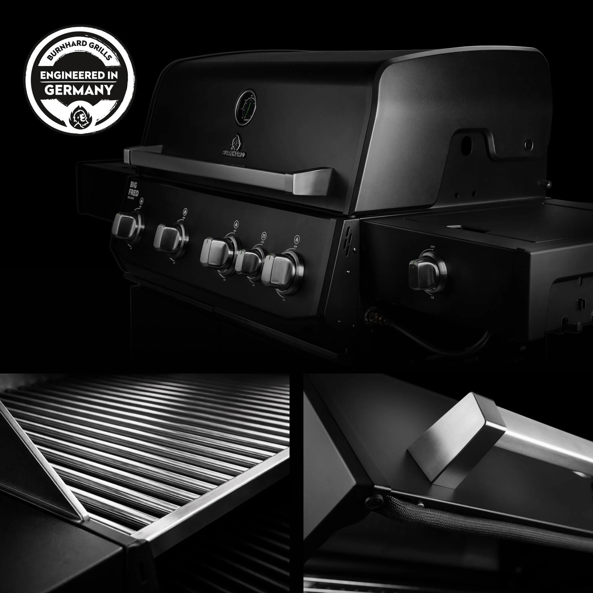 BURNHARD Big FRED Deluxe Plus Gasgrill 4 Brenner Series 4 Black Edition mit Edelstahl Grillrost Maximale BBQ Power 24,7 kW Premium Ausstattung von BURNHARD