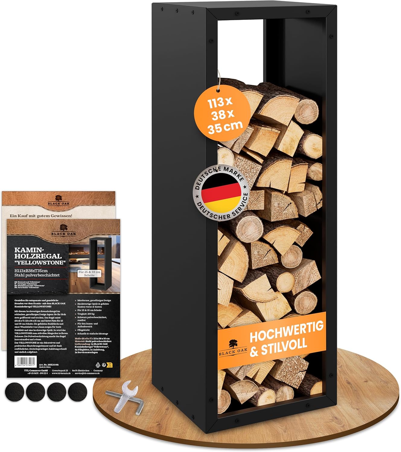 BLACK OAK Kaminholzregal Yellowstone schwarz matt bis 200kg - 113 × 38 × 35 cm BLACK OAK Kaminholzregal Yellowstone schwarz matt bis 200kg - 113 × 38 × 35 cm