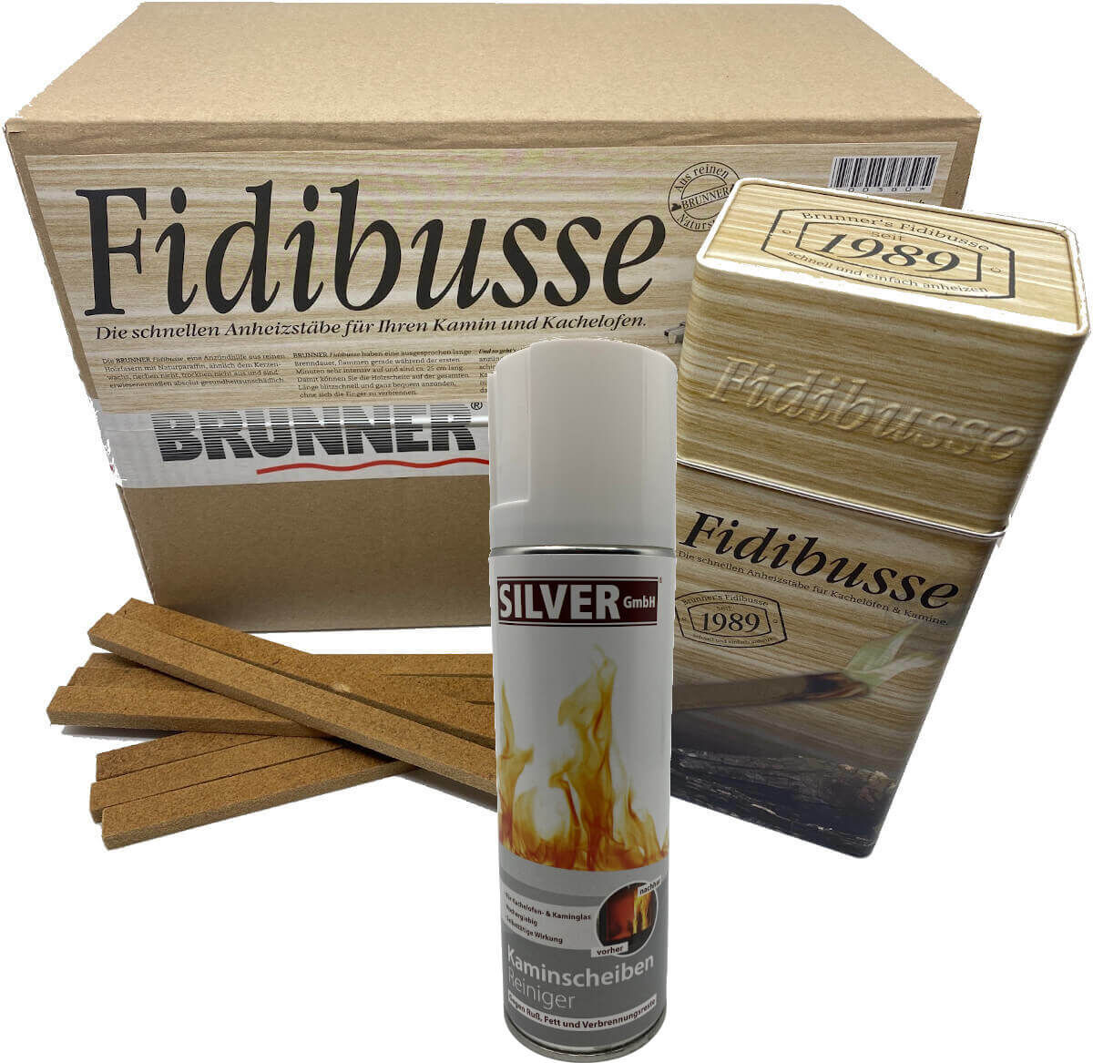 1x Fidibusse Großpackung 350 Stück + 1x Blechdose 50 Anzündern + 1x 300ml Kaminscheiben Reiniger von Brunner