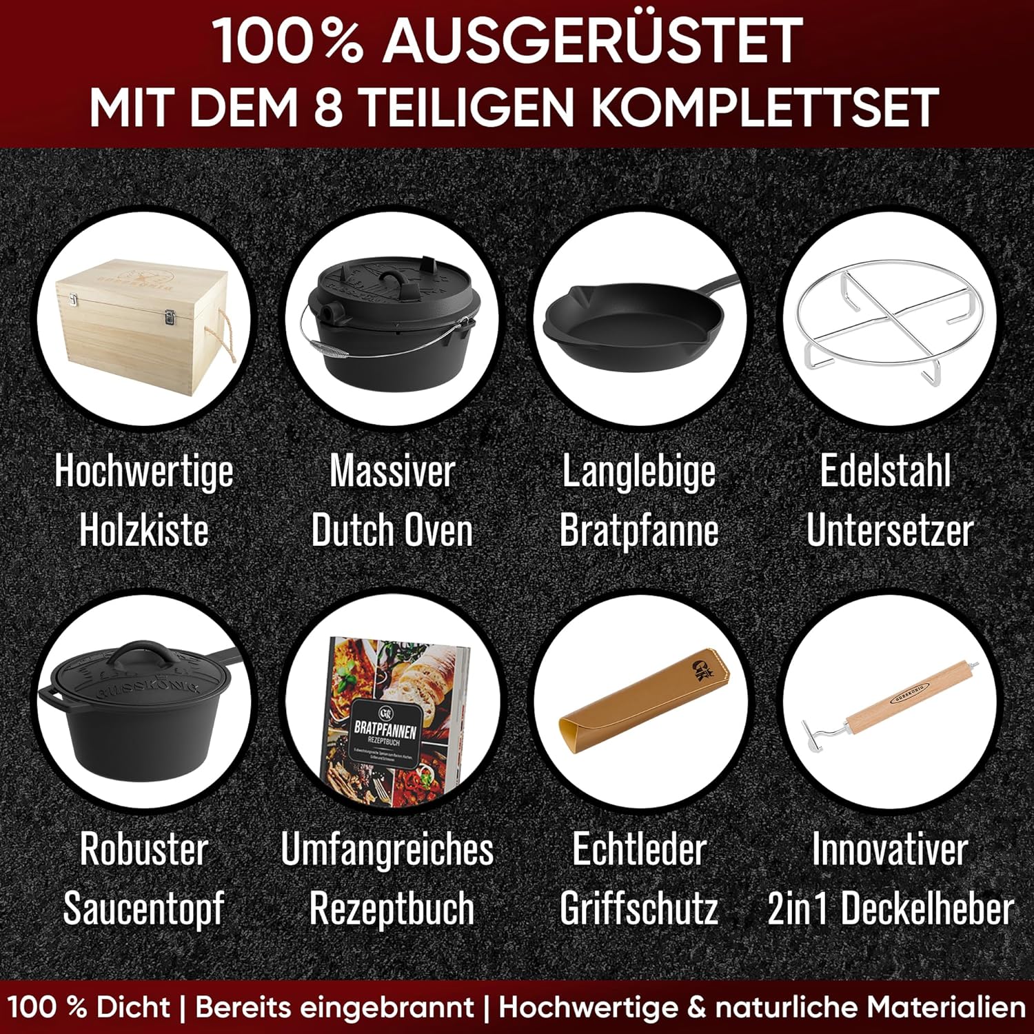 GUSSKÖNIG Dutch Oven Set 8-teilig - bereits eingebranntes Gusseisen Topf Set von GUSSKÖNIG GUSSKÖNIG Dutch Oven Set 8-teilig - bereits eingebranntes Gusseisen Topf Set von GUSSKÖNIG