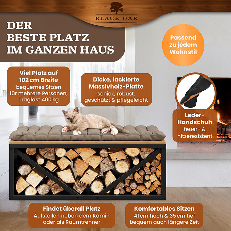 BLACK OAK Kaminholzbank Ohio schwarz matt bis 400kg - 102 × 41 × 35 cm inkl. Lederhandschuh