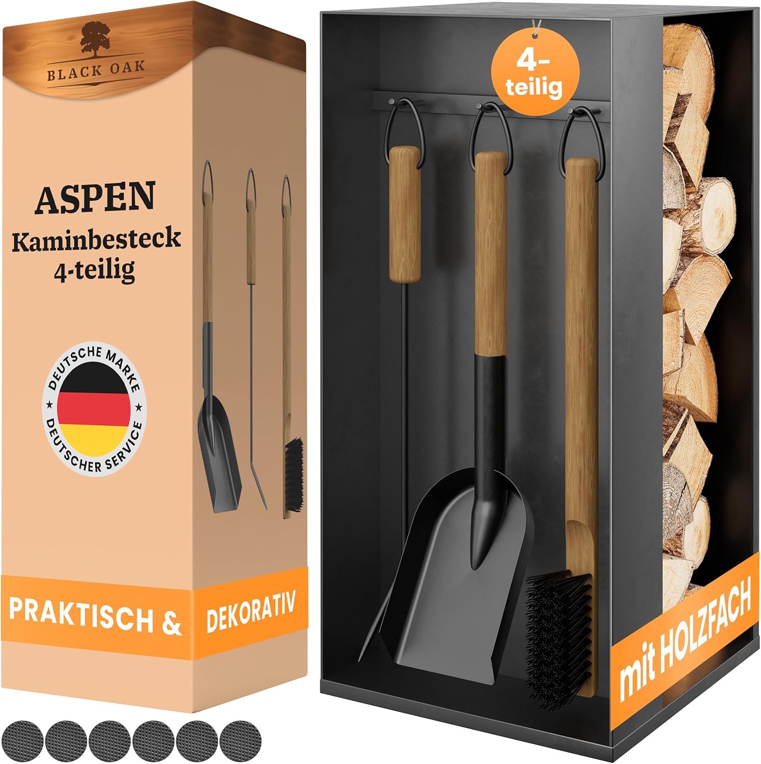 BLACK OAK Kaminbesteck Aspen 4-teilig schwarz mit Holzgriffen BLACK OAK Kaminbesteck Aspen 4-teilig schwarz mit Holzgriffen