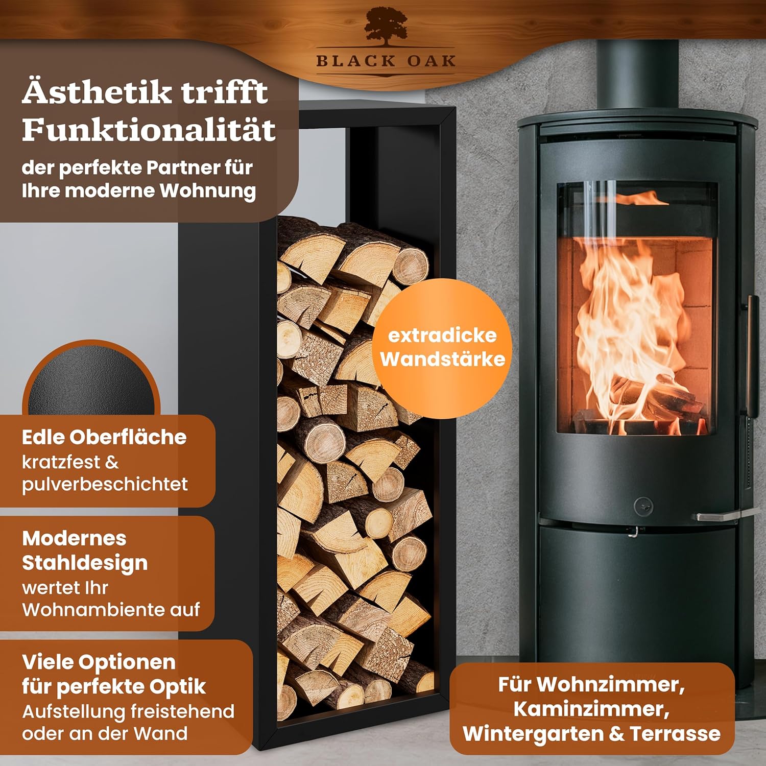 BLACK OAK Kaminholzregal Yellowstone schwarz matt bis 200kg - 113 × 38 × 35 cm von BLACK OAK