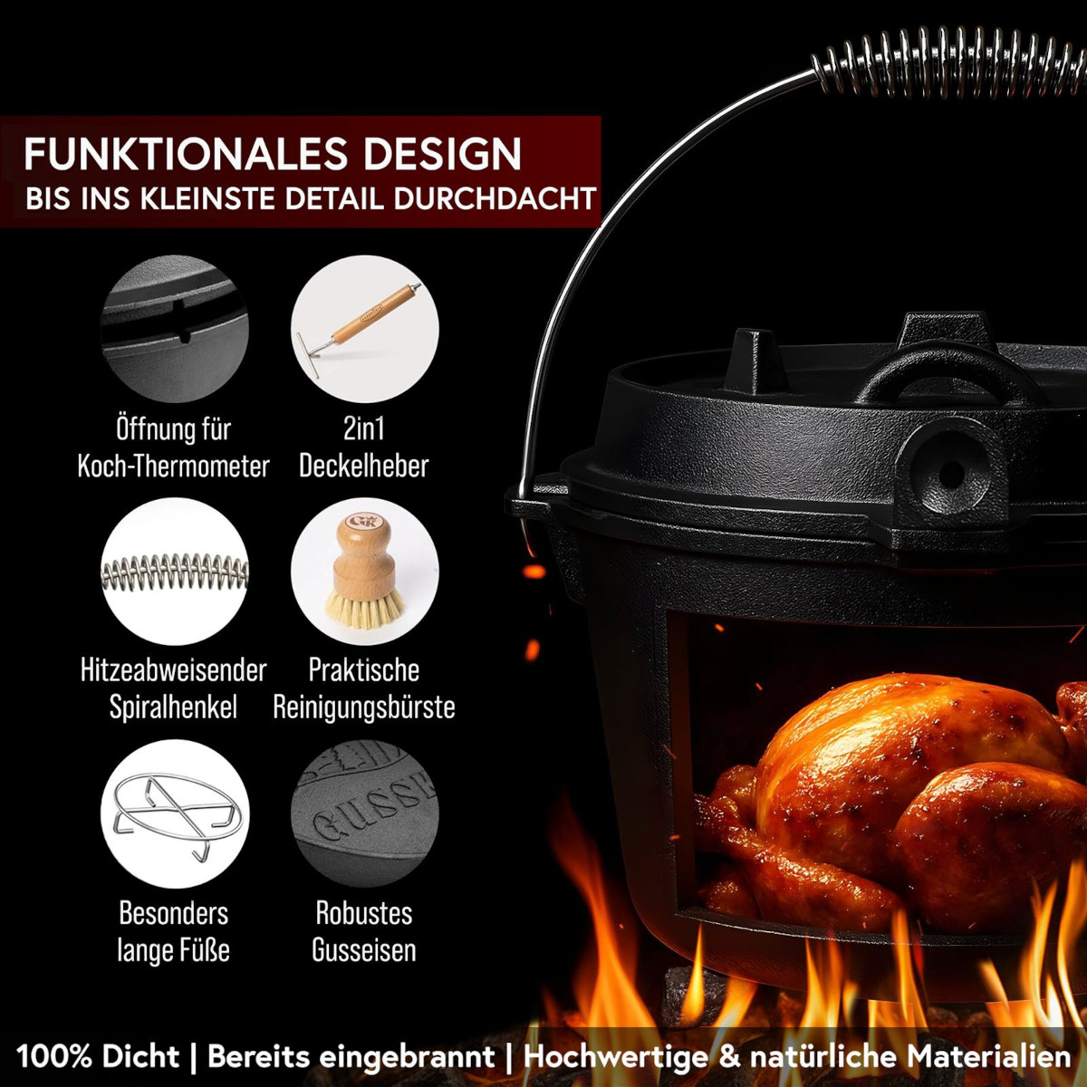 GUSSKÖNIG 12 Liter Dutch Oven Set ohne Füße mit 2in1 Deckelheber von GUSSKÖNIG