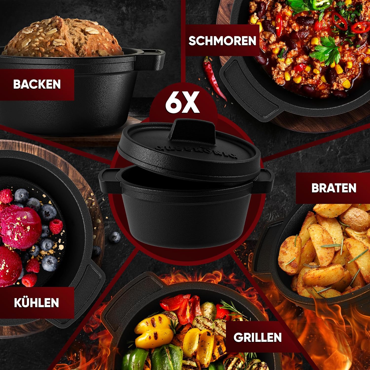 GUSSKÖNIG Dutch Oven Set Mini - 6x 250ml Gusseisen Mini Topf mit Deckel  von GUSSKÖNIG