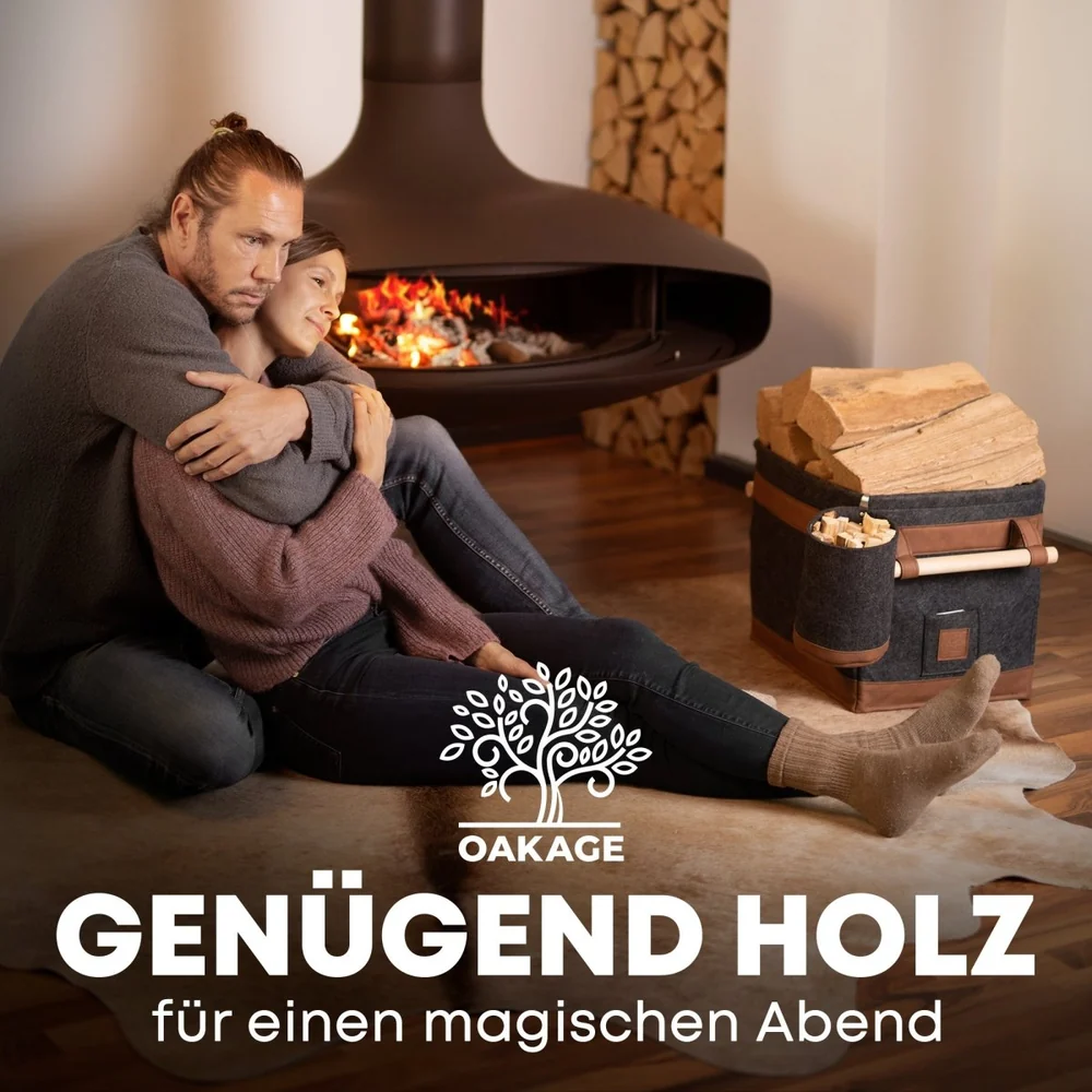 OAKAGE FireMaster Duo Holzkorb Dunkelgrau mit Zündholzkorb - Kaminholzkorb aus recyceltem Filz - 35x42x35cm