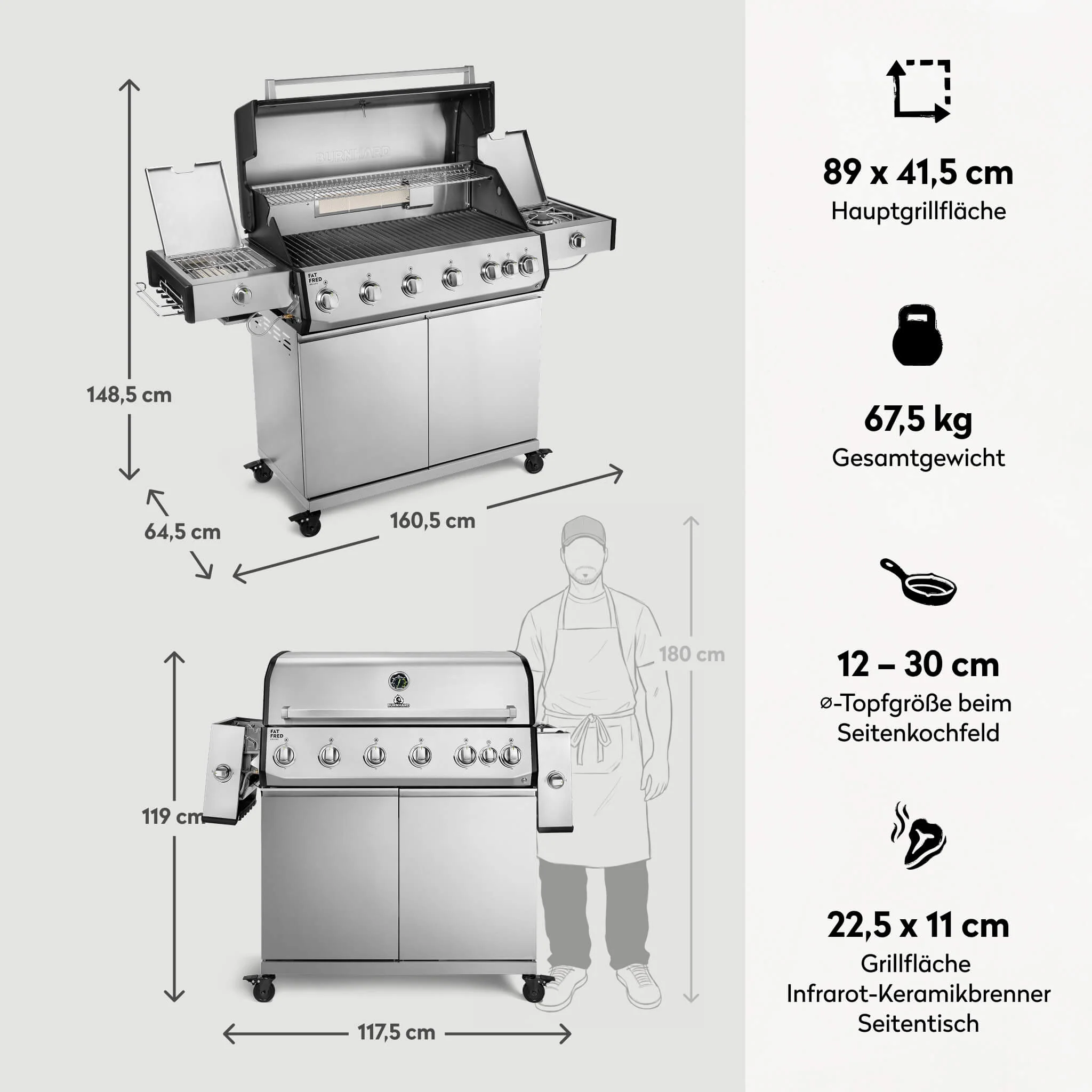 BURNHARD Fat FRED Deluxe Plus Gasgrill 6 Brenner Series 4 Edelstahl Grill mit Gusseisen Grillrost Maximale BBQ Power 30,7 kW XXL Premium Ausstattung von BURNHARD