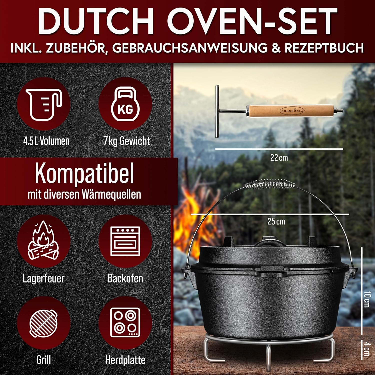 GUSSKÖNIG Dutch Oven Set 8-teilig - bereits eingebranntes Gusseisen Topf Set von GUSSKÖNIG GUSSKÖNIG Dutch Oven Set 8-teilig - bereits eingebranntes Gusseisen Topf Set von GUSSKÖNIG