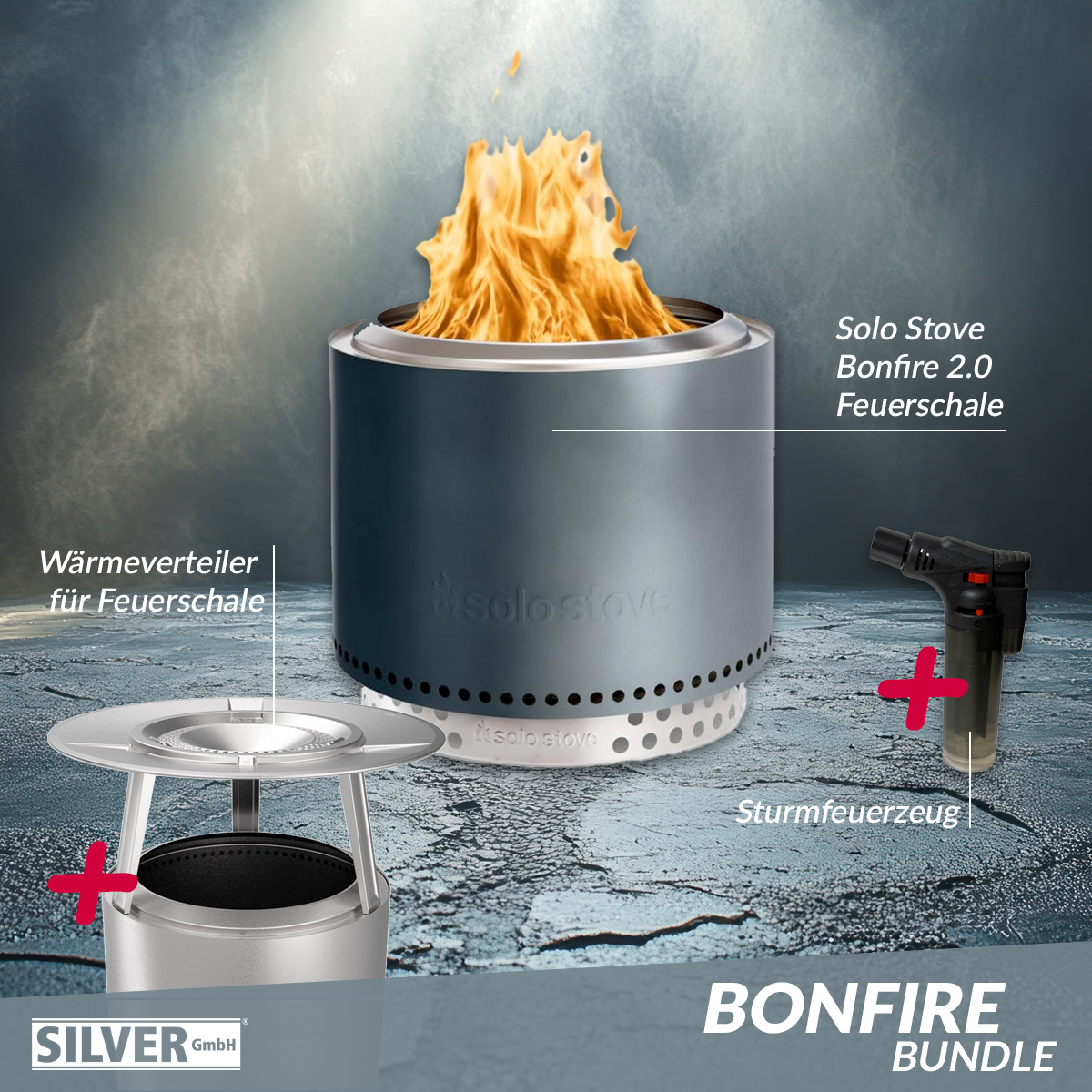Solo Stove BONFIRE 2.0 Gunmetal Metallic Ø 49,5 cm Bundle inkl. Edelstahl Wärmeverteiler + Standfuß + Tragetasche + Sturmfeuerzeug von Solo Stove