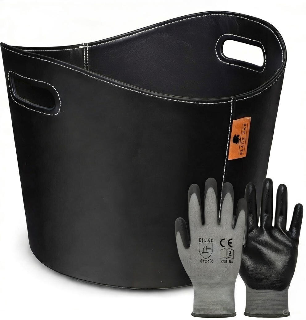 BLACK OAK DAKOTA L 40L Holzkorb Kunstleder schwarz + Handschuhe grau