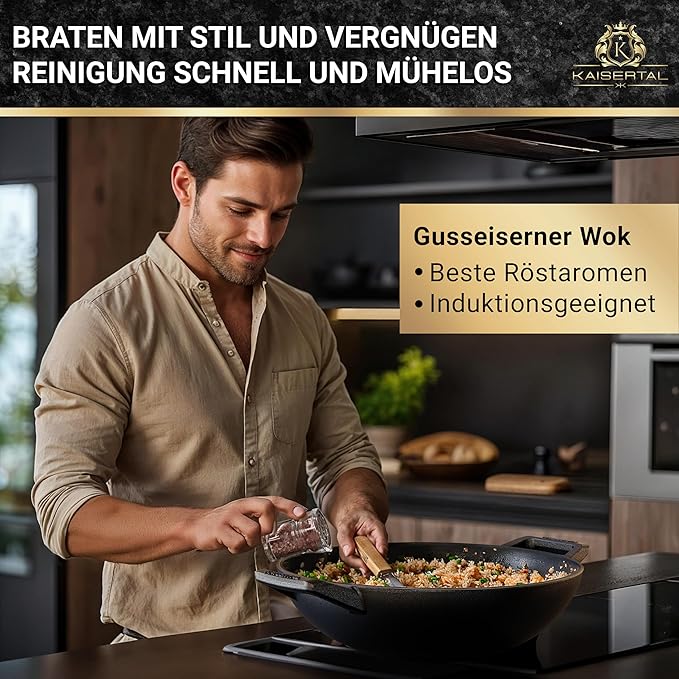 KAISERTAL Gusseisen Wok 33 cm Eingebrannt - ohne Glasdeckel von KAISERTAL