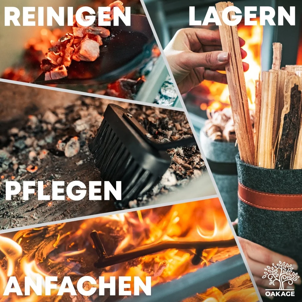 OAKAGE LuxeLeather Kaminbesteck, 5-teilig aus Buchenholz und Stahl mit Zündholzkorb