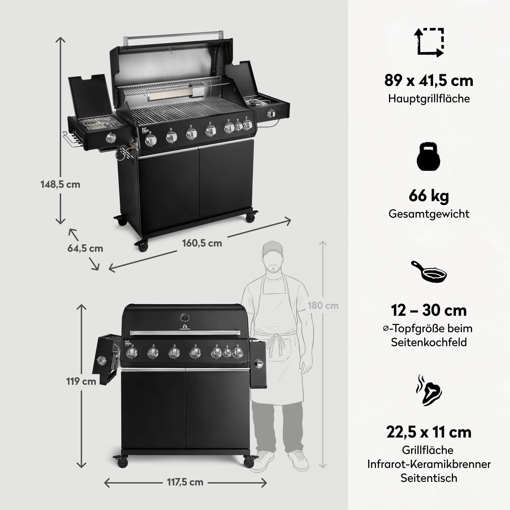 BURNHARD Fat FRED Deluxe Plus Gasgrill 6 Brenner Series 4 Black Edition mit Edelstahl Grillrost Maximale BBQ Power 30,7 kW XXL Premium Ausstattung von BURNHARD
