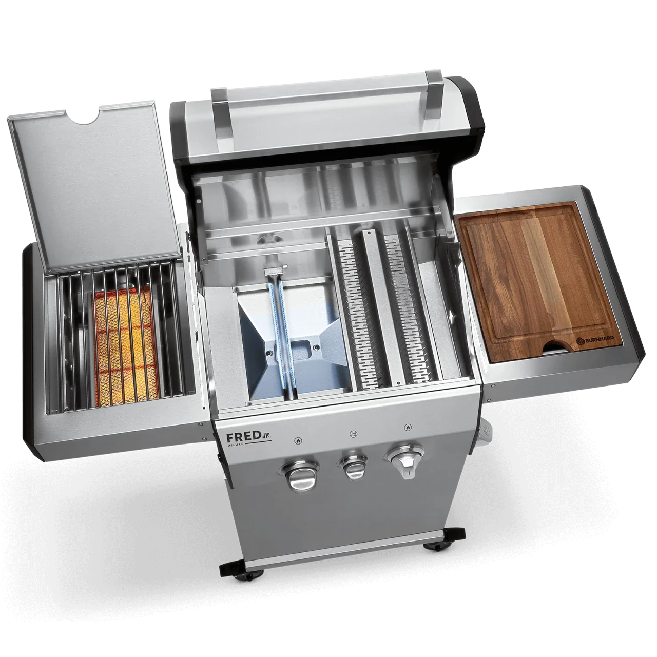 BURNHARD FRED Jr. Deluxe Gasgrill 2-Brenner in der Farbe Edelstahl mit Gusseisenrost von BURNHARD