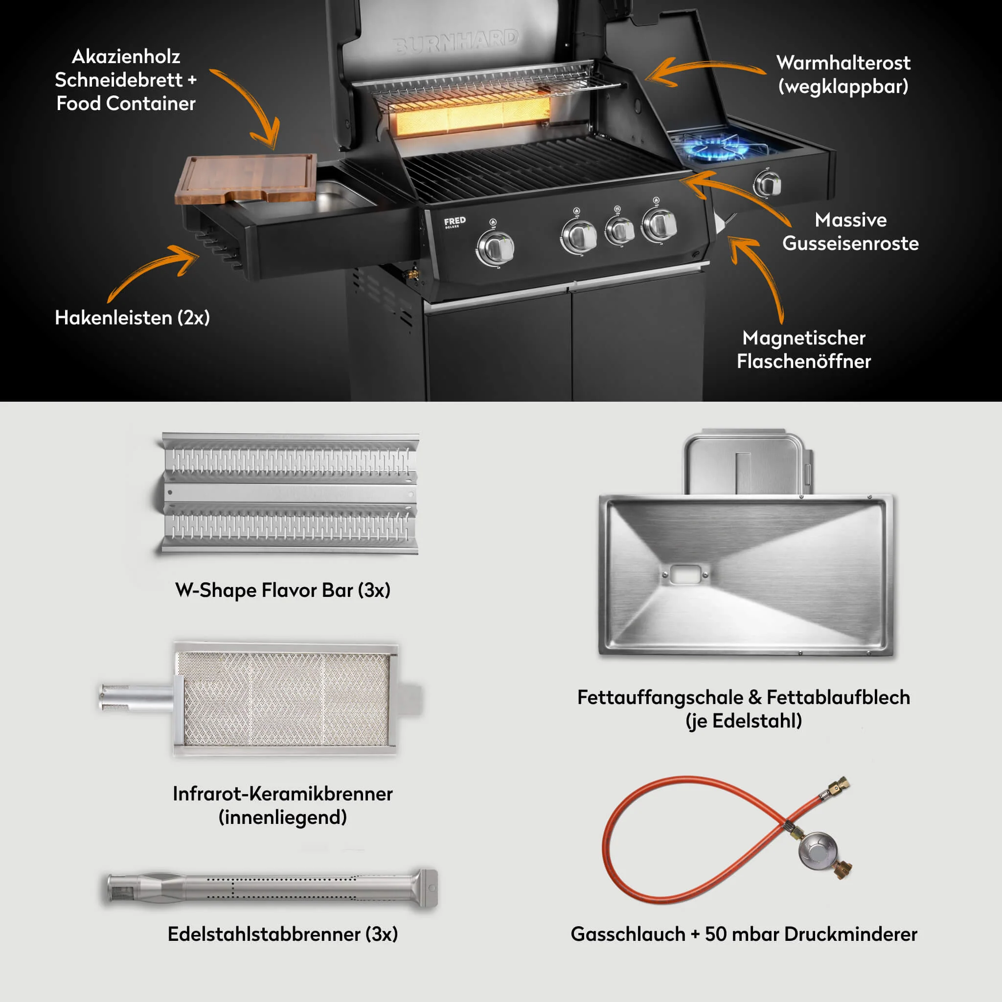 BURNHARD FRED Deluxe Gasgrill 3 Brenner Series 4 Black Edition mit Gusseisenrost Maximale BBQ Power vielseitig modern von BURNHARD