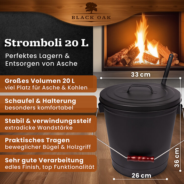 BLACK OAK Stromboli Ascheeimer 20 Liter mit Deckel und Schaufel von BLACK OAK