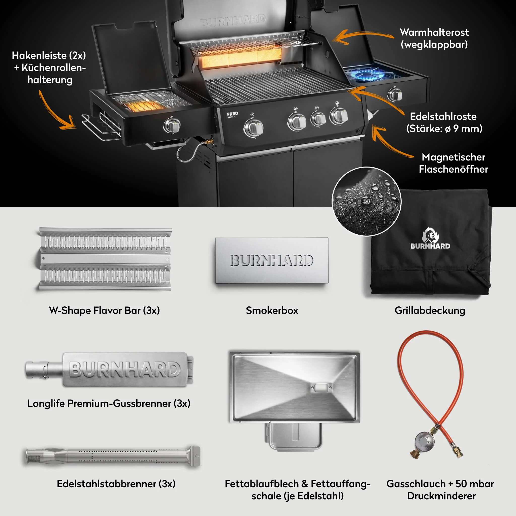 BURNHARD FRED Deluxe Plus Gasgrill 3 Brenner Series 4 Black Edition mit Edelstahl Grillrost Maximale BBQ Power 20,95 kW Premium Ausstattung von BURNHARD