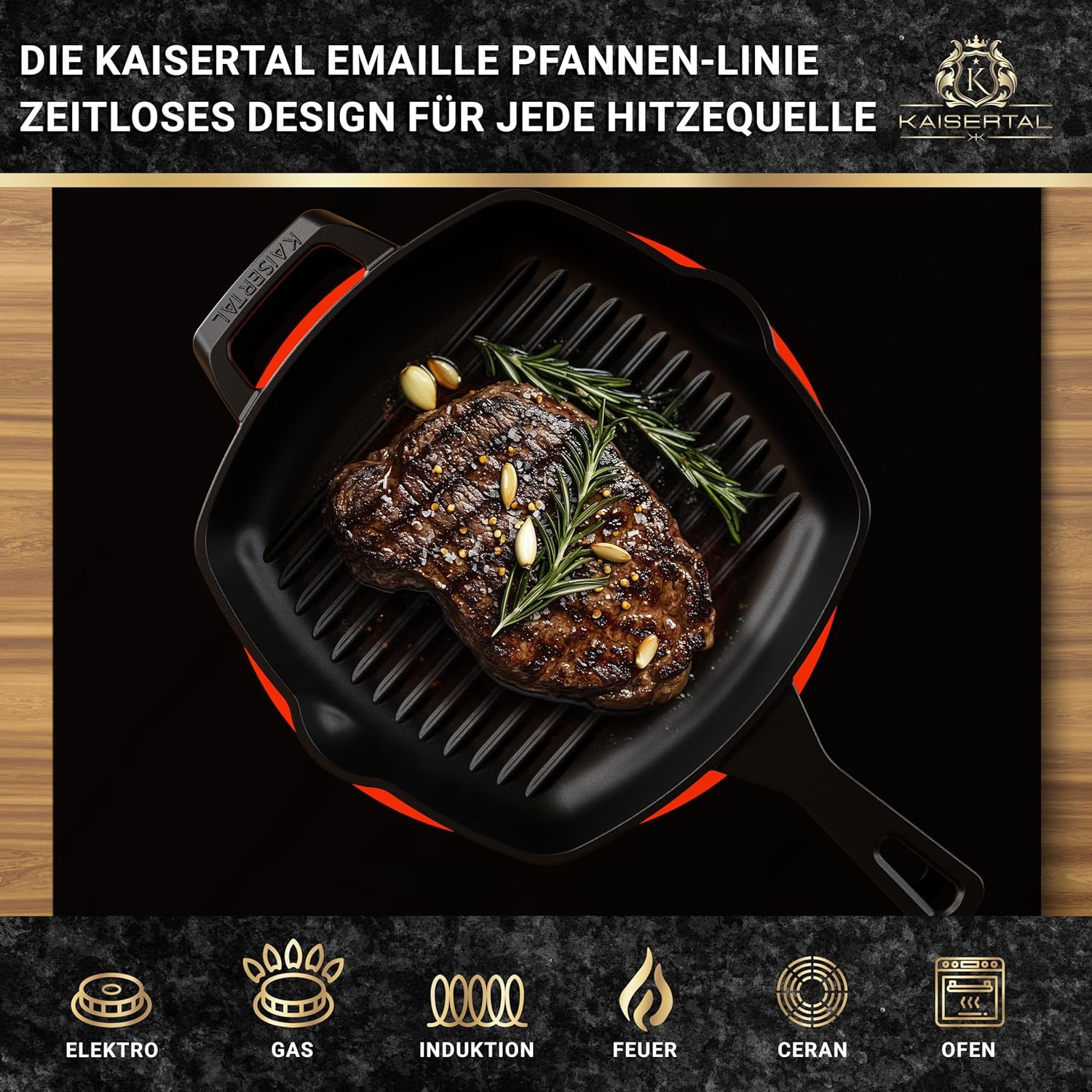 KAISERTAL Emaillierte Gusseisen Grillpfanne 27 cm mit Griff von KAISERTAL