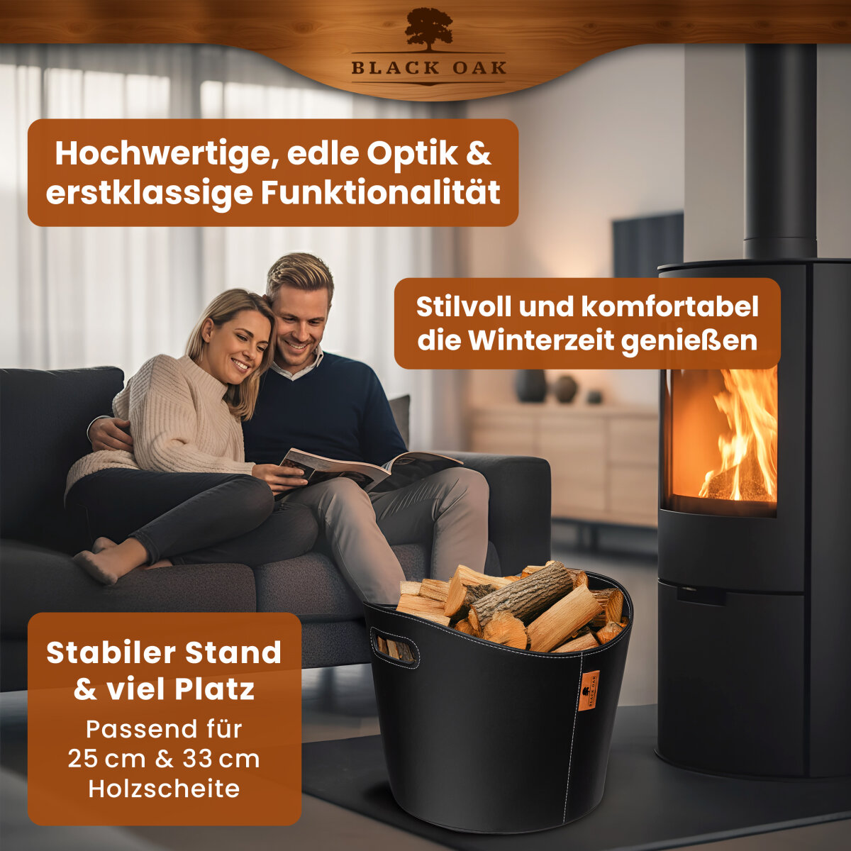 BLACK OAK DAKOTA L 40L Holzkorb Kunstleder schwarz + Handschuhe grau