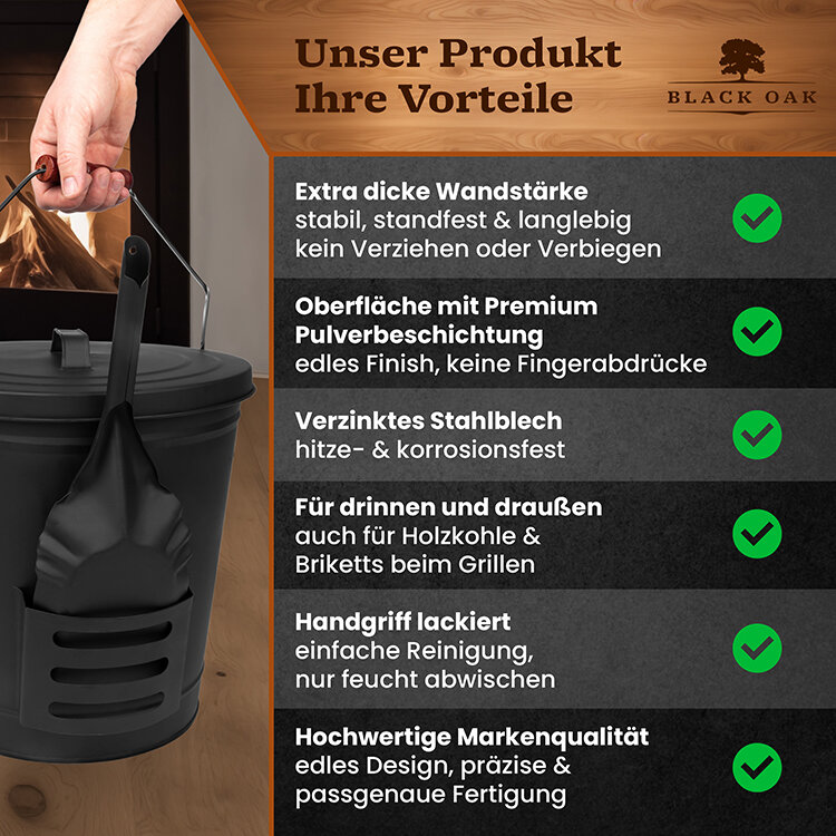 BLACK OAK Stromboli Ascheeimer 20 Liter mit Deckel und Schaufel von BLACK OAK