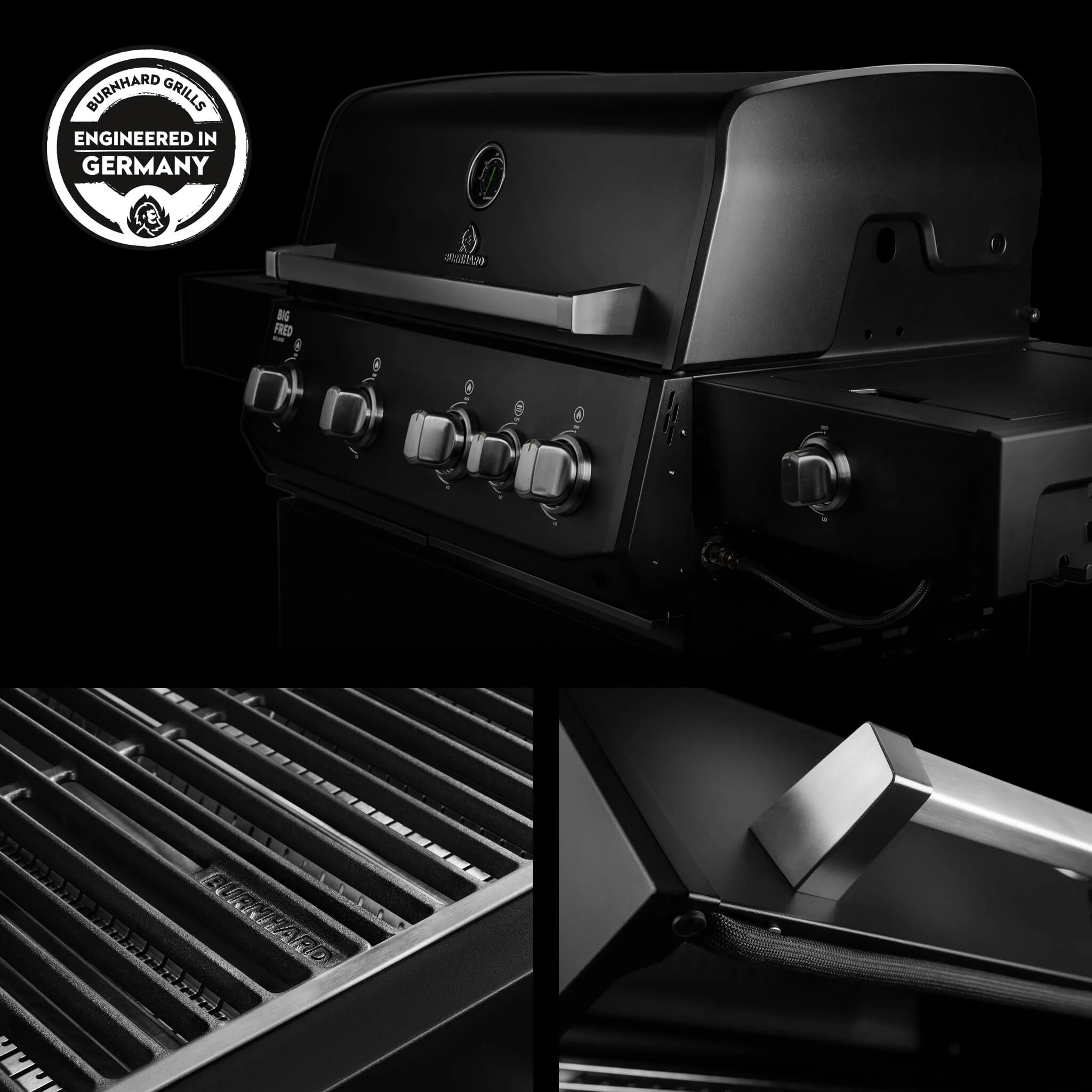 BURNHARD Big FRED Deluxe Gasgrill 4 Brenner Series 4 Black Edition mit Gusseisen Grillrost Maximale BBQ Power 21,2 kW Premium Ausstattung von BURNHARD