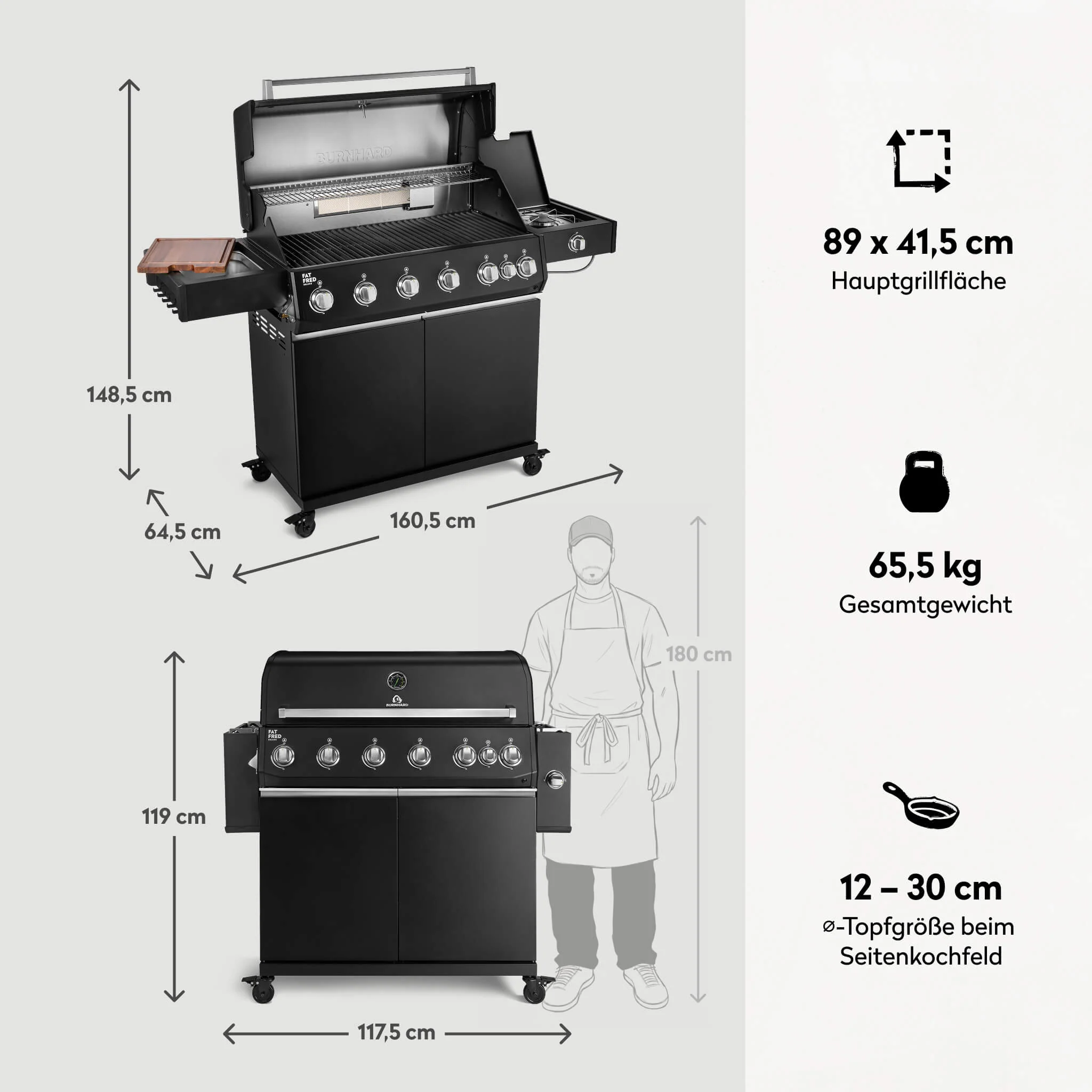 BURNHARD Fat FRED Deluxe Gasgrill 6 Brenner Series 4 Black Edition mit Gusseisen Grillrost Maximale BBQ Power 27,2 kW XXL Grillfläche von BURNHARD
