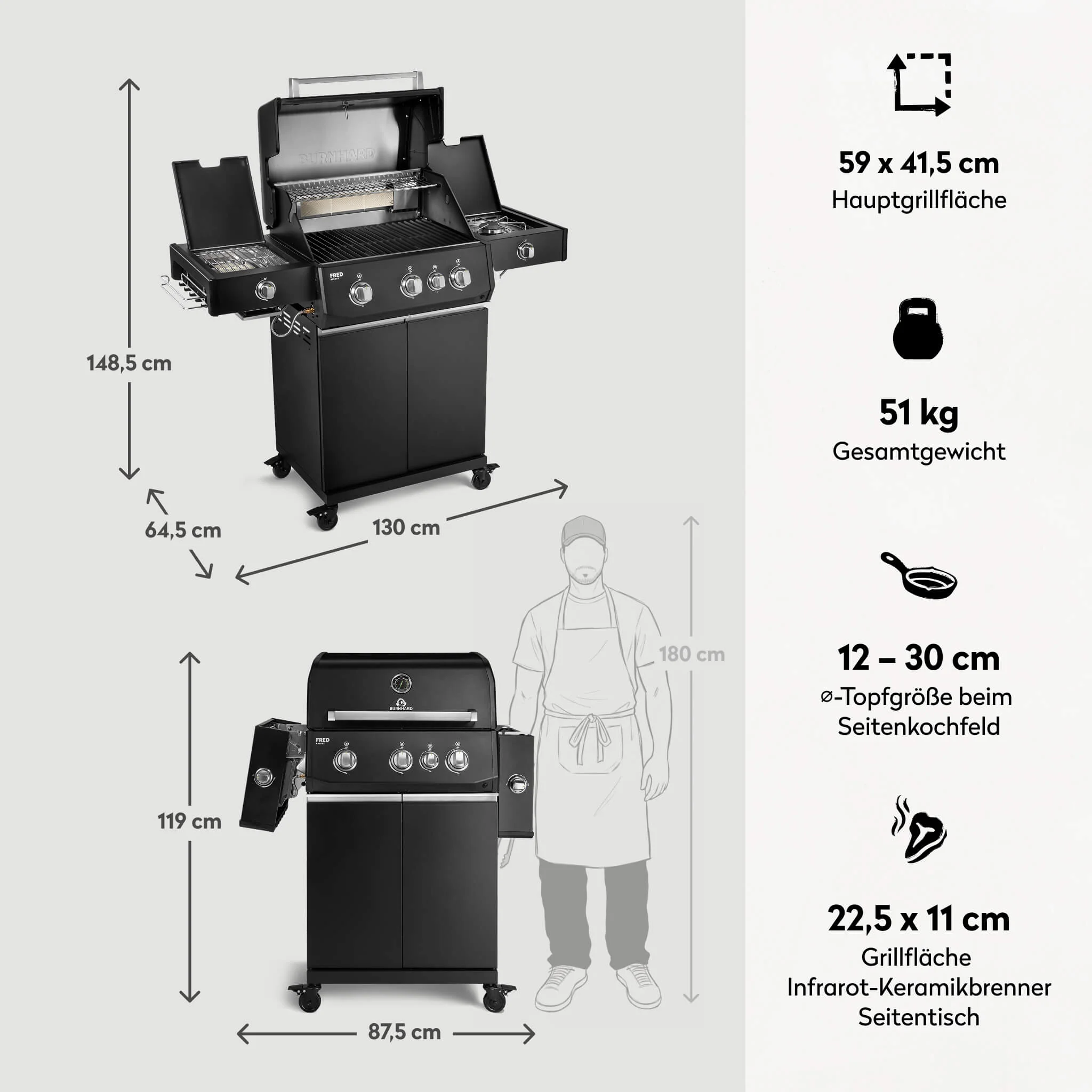 BURNHARD FRED Deluxe Plus Gasgrill 3 Brenner Series 4 Black Edition Maximale BBQ Power 20,95 kW Premium Ausstattung von BURNHARD